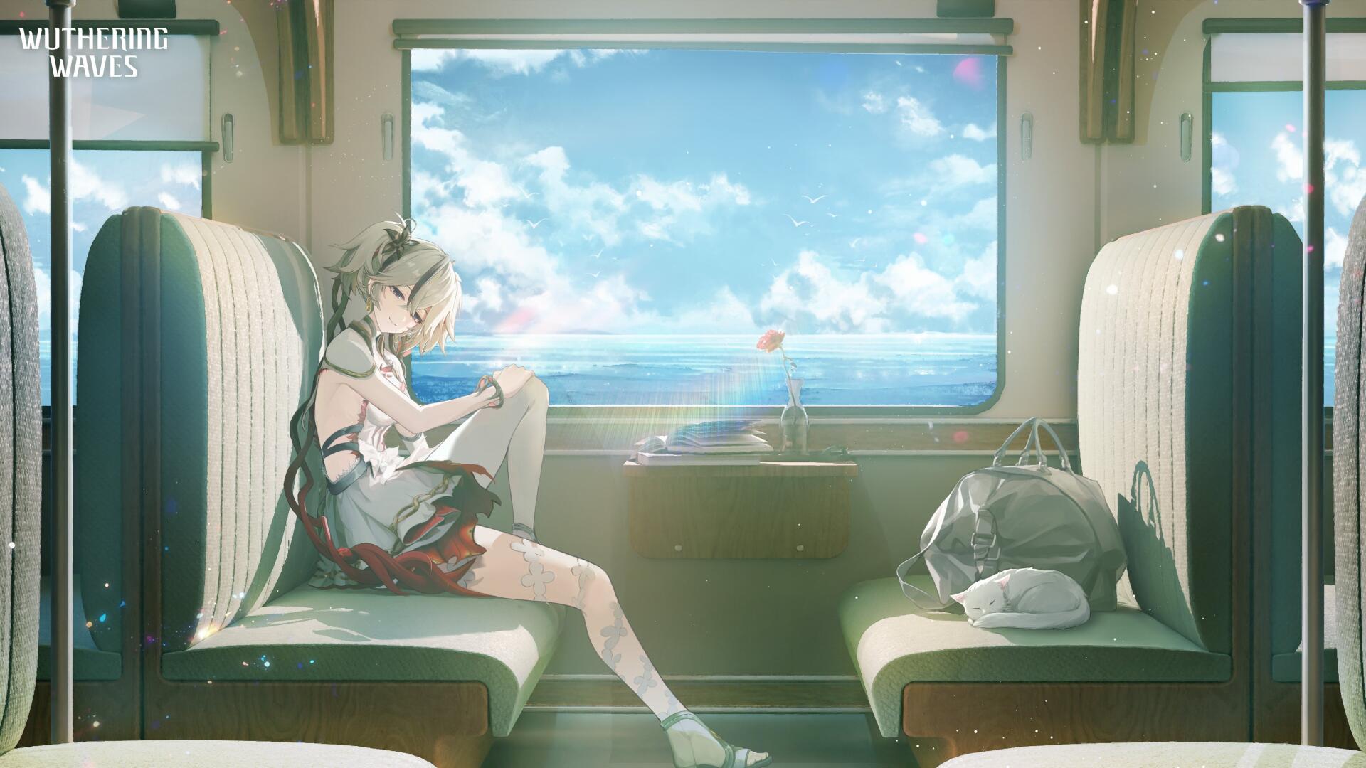 A serene 4K Ultra HD wallpaper from the video game Wuthering Waves, featuring Camellya sitting in a train, gazing out at a bright and colorful sky.