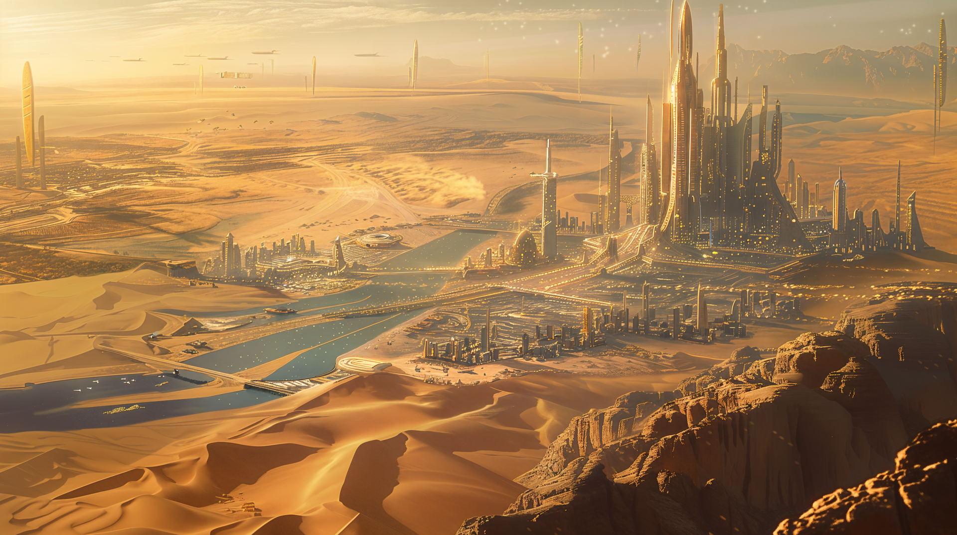 A stunning sci-fi city rises amid vast desert dunes, with sleek towers reflecting golden light and a winding river enhancing the futuristic landscape. 4K Ultra HD wallpaper for PC.