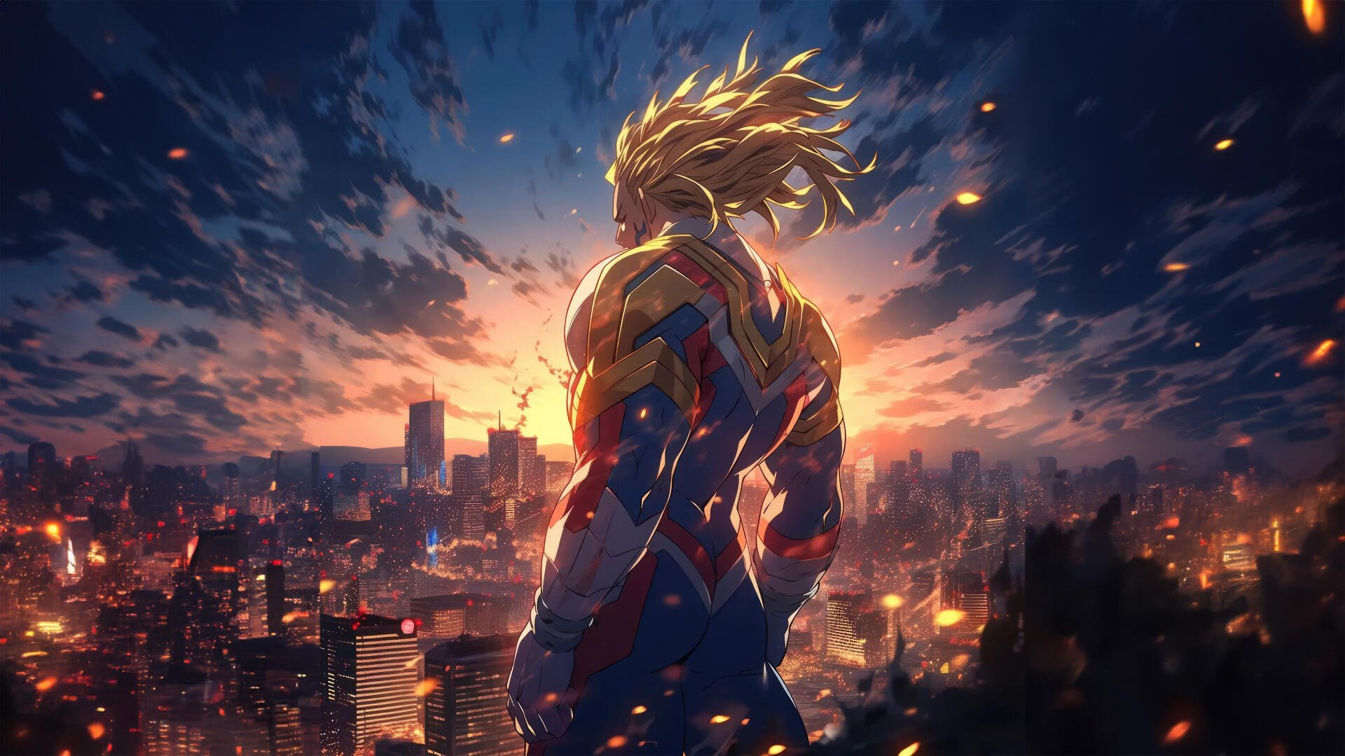 4K Ultra HD desktop wallpaper featuring All Might from My Hero Academia standing above a cityscape at sunset with dramatic clouds and glowing light effects.