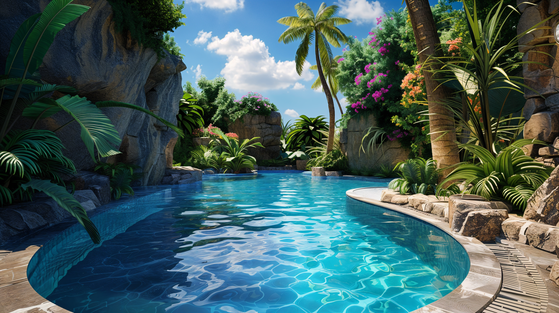 A serene pool surrounded by lush greenery, vibrant flowers, and tropical palm trees under a clear blue sky, designed as a stunning 4K Ultra HD desktop wallpaper.