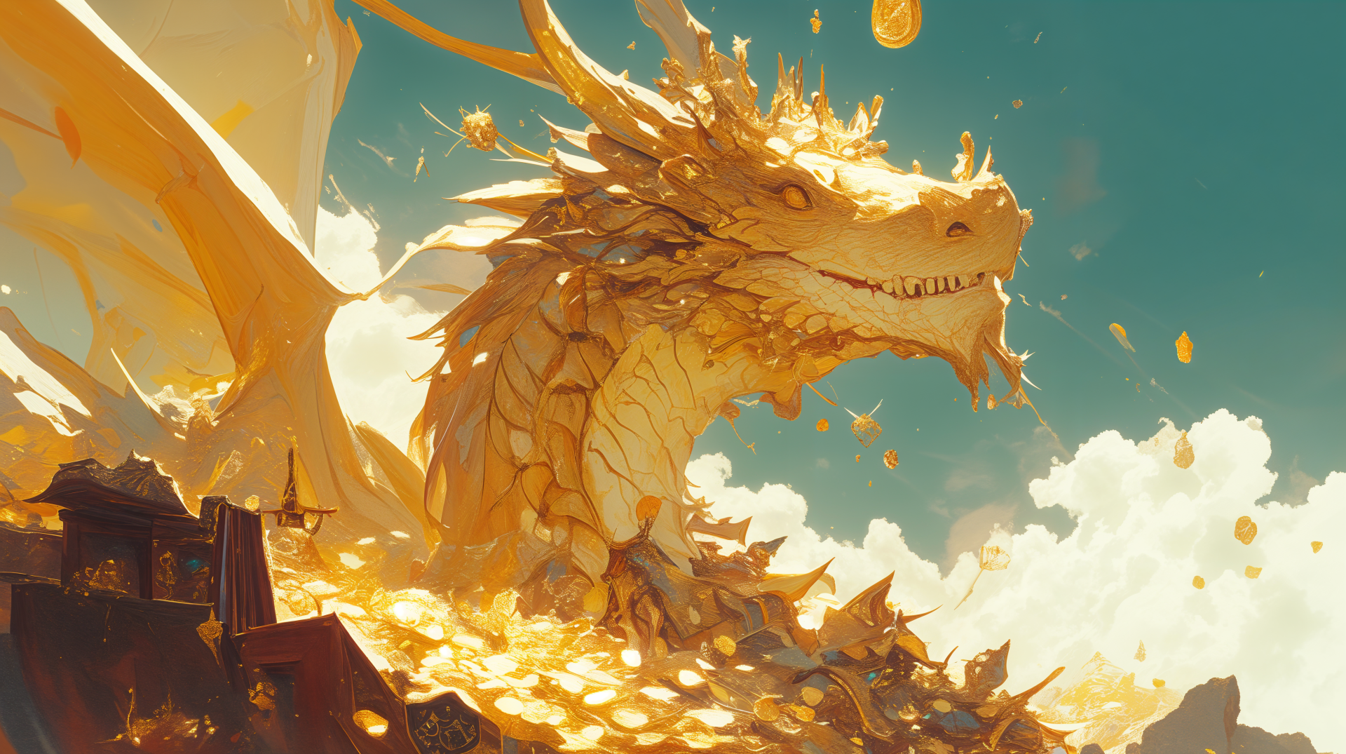 A majestic golden dragon guards a vast treasure hoard beneath a bright blue sky, rendered as a detailed 4K Ultra HD fantasy illustration and mythical creature wallpaper.