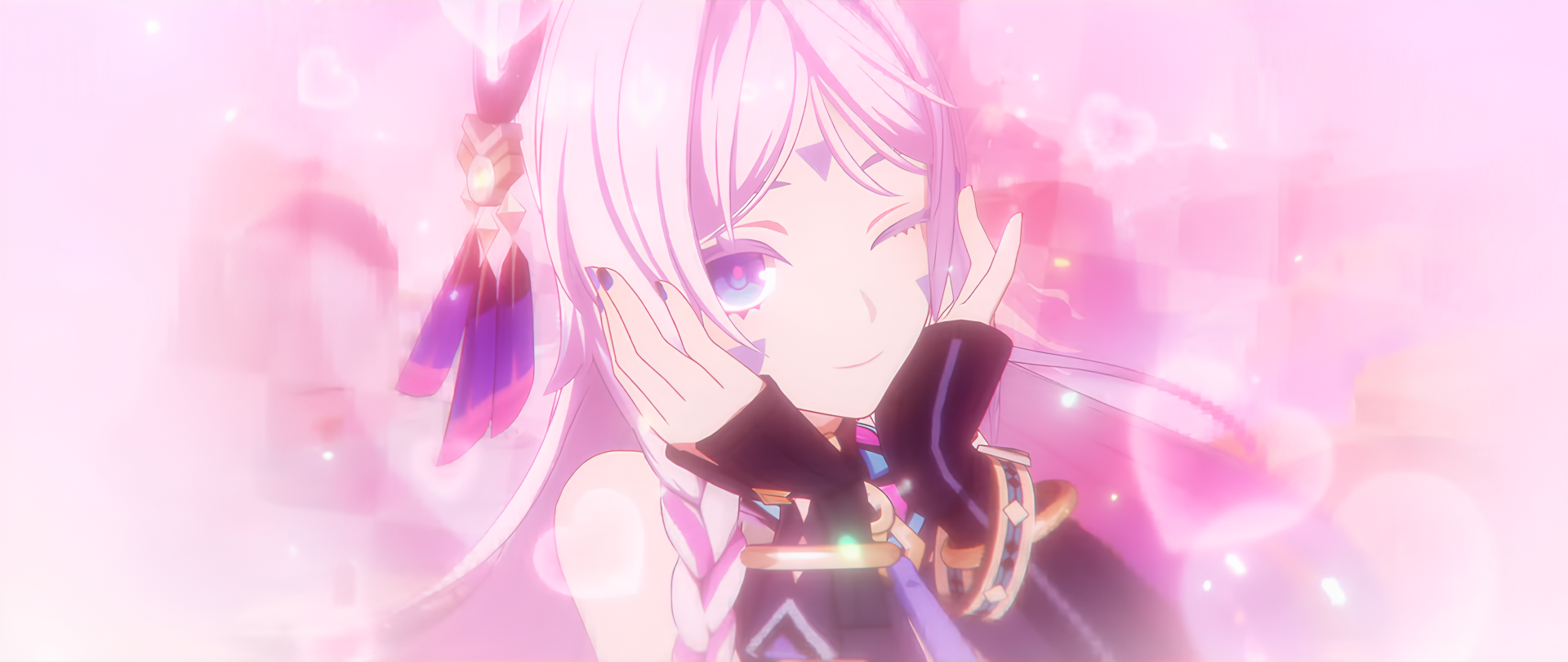A 4K Ultra HD desktop wallpaper featuring Citlali from Genshin Impact, depicted as a girl with pink hair and glowing purple eyes in a vibrant, soft pink background.
