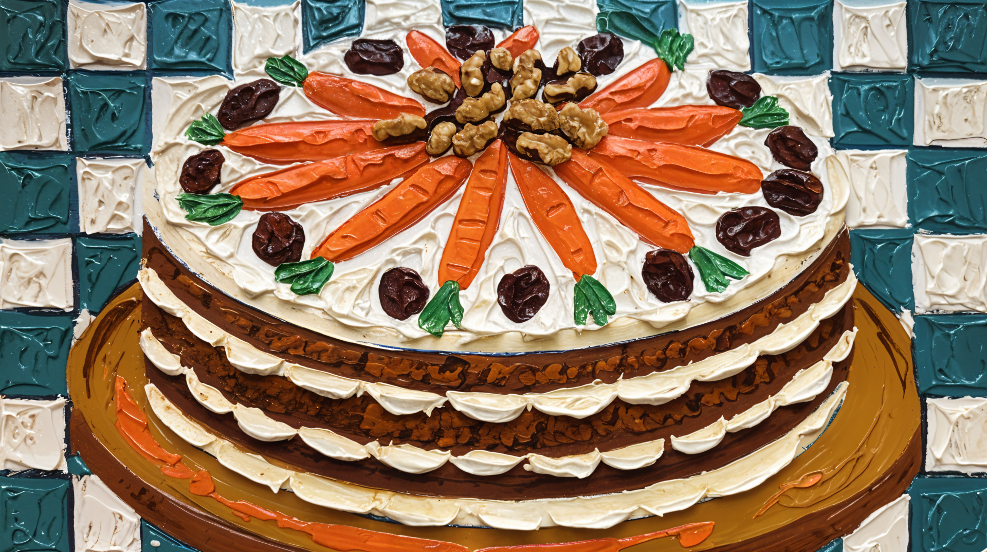 A beautifully decorated carrot cake with cream frosting, adorned with orange carrots, walnuts, and dark cherries, set against a colorful tiled background. 4K Ultra HD desktop wallpaper.