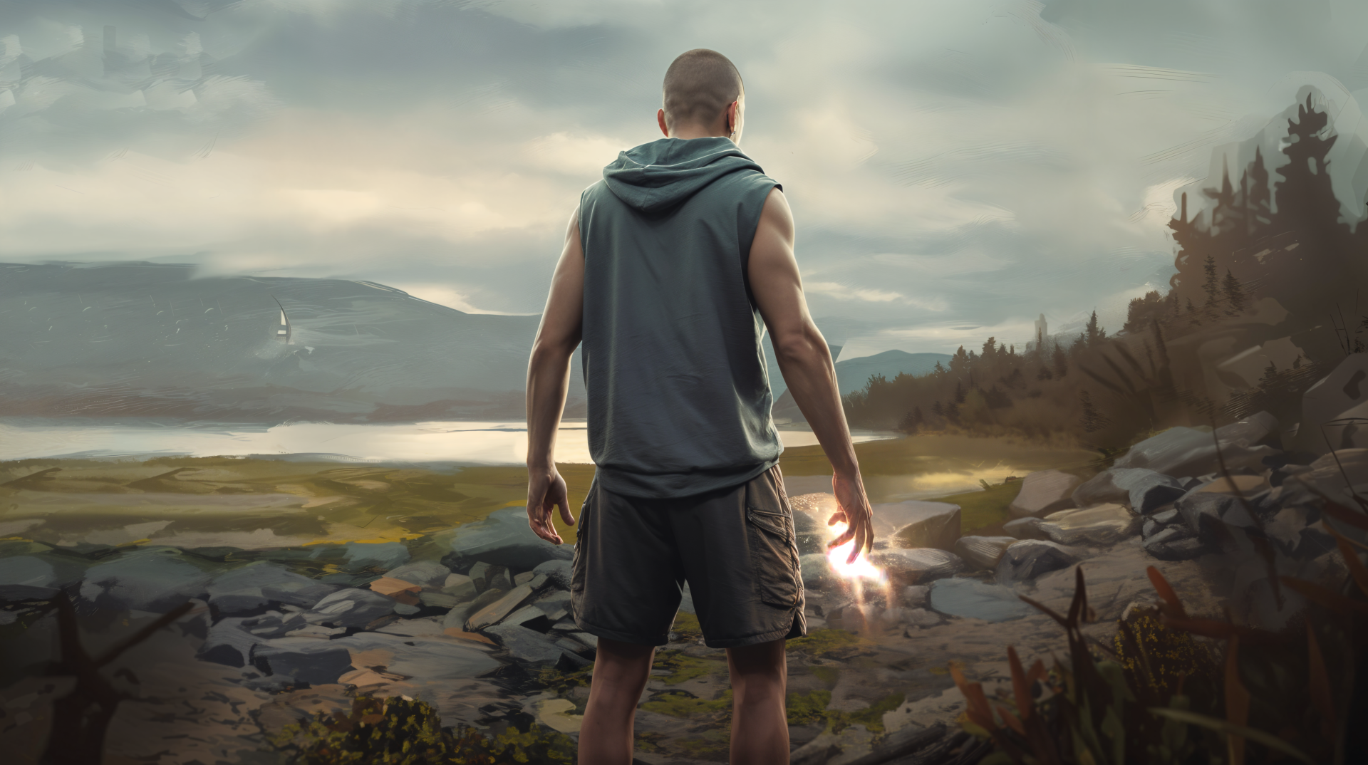 A man standing on rocky terrain, facing a serene landscape with a lake and mountains, sports a sleeveless hoodie and shorts, holding a glowing object in his hand. 4K Ultra HD wallpaper.