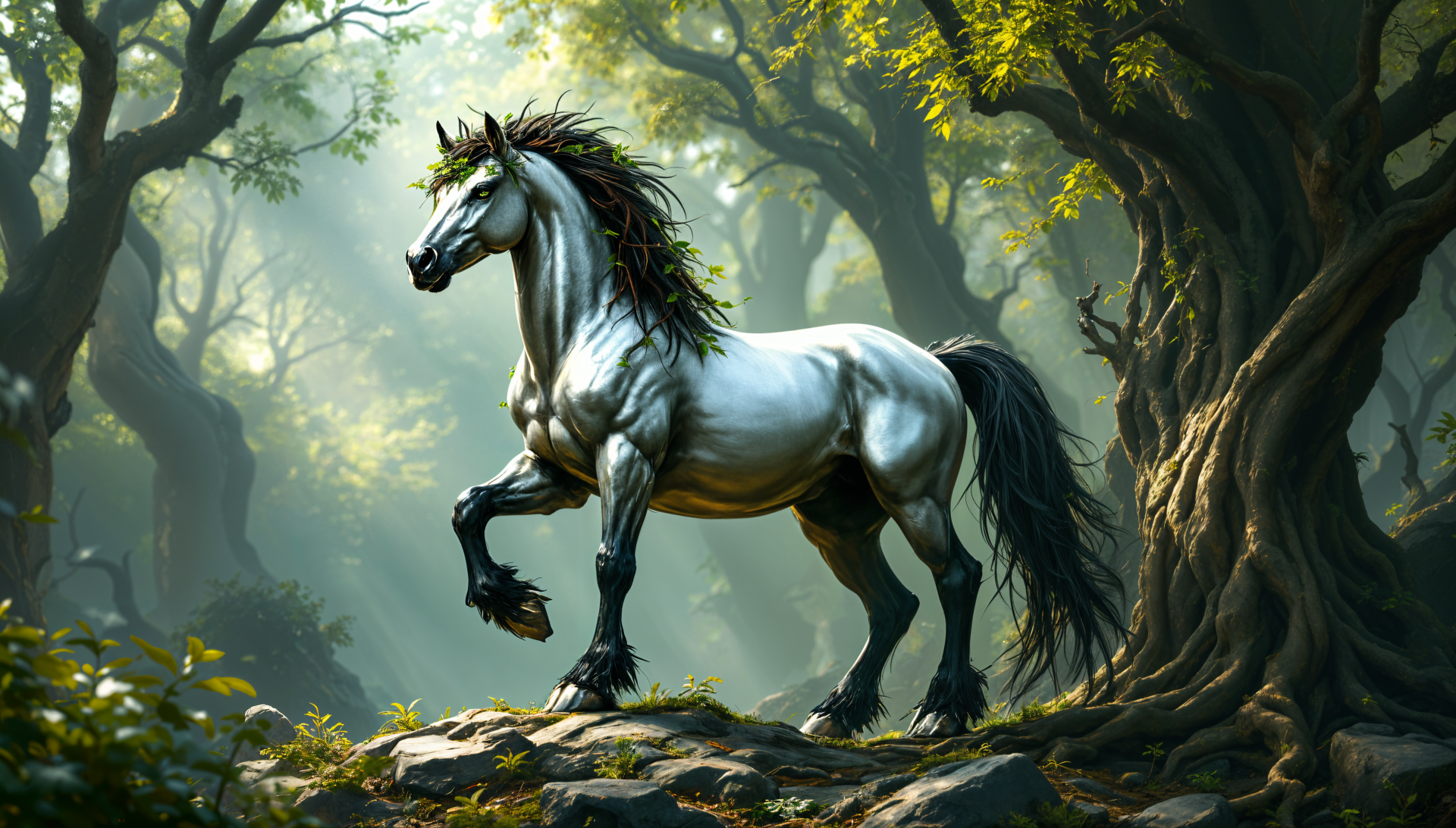 A majestic centaur with a shimmering coat stands amidst a lush forest, framed by sunlight filtering through the trees. This captivating scene serves as a stunning 4K Ultra HD desktop wallpaper.