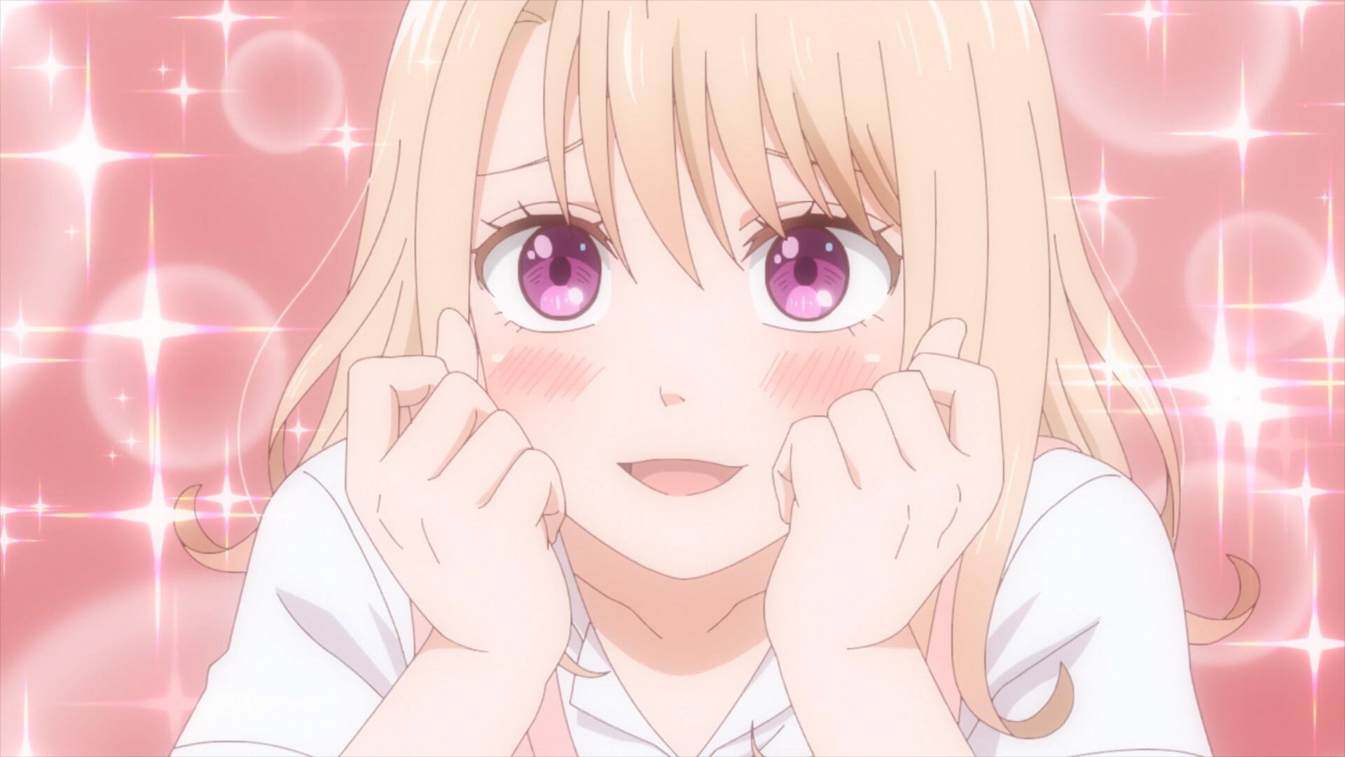 Anime-inspired HD desktop wallpaper featuring a character from Medaka Kuroiwa Is Impervious to My Charms, displaying a cheerful expression with sparkling pink backgrounds.