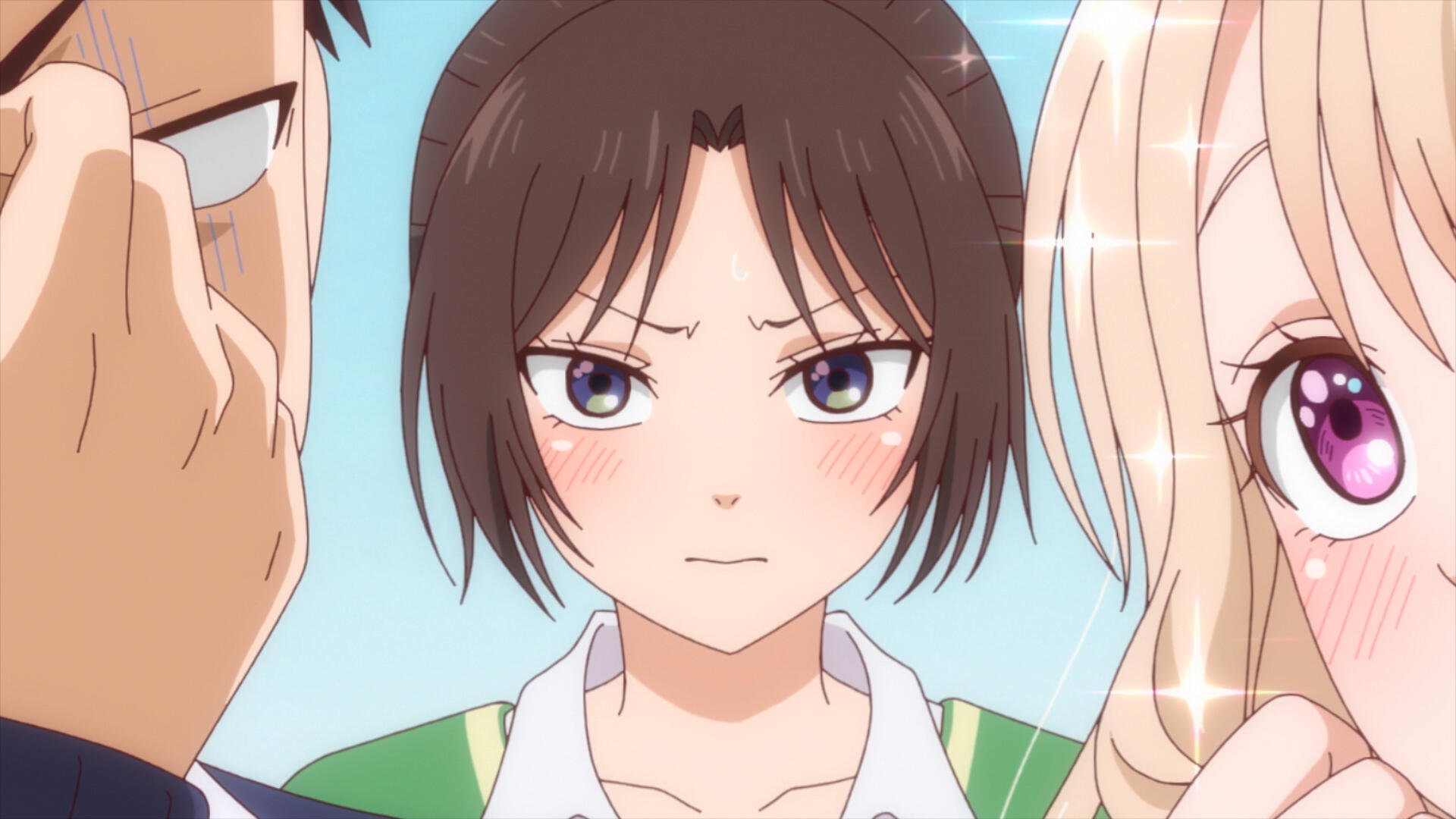 An HD desktop wallpaper featuring characters from Medaka Kuroiwa Is Impervious to My Charms, showcasing a tense moment between three expressive figures.