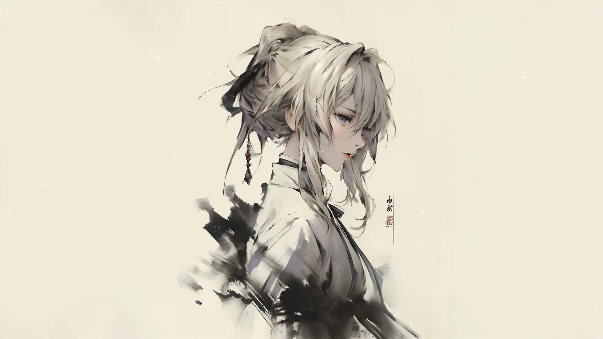 HD PC desktop wallpaper and background: minimalist watercolor-style anime woman with braided hair and ink-brush accents against a soft pale canvas.
