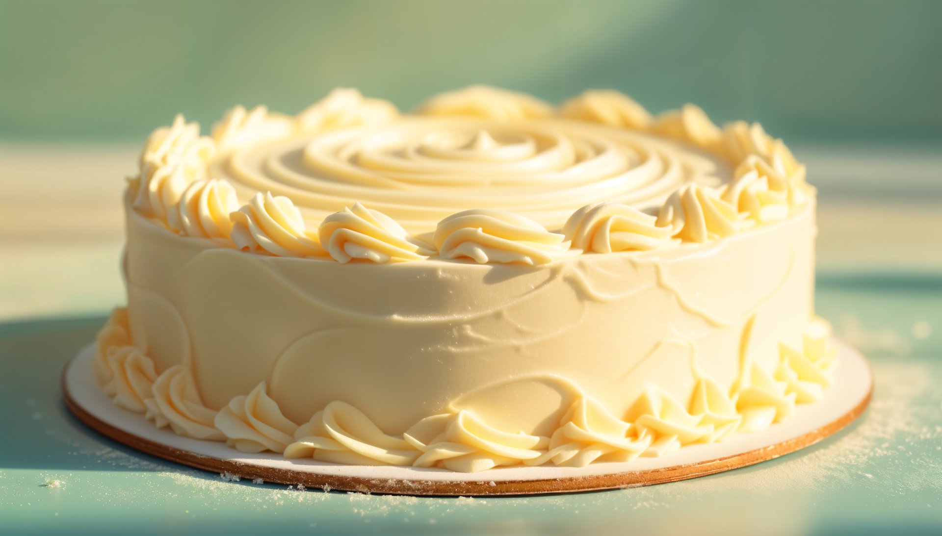 A beautifully frosted vanilla cake displayed on a wooden board, set against a soft, blurred pastel background. This image serves as a stunning 4K Ultra HD desktop wallpaper.