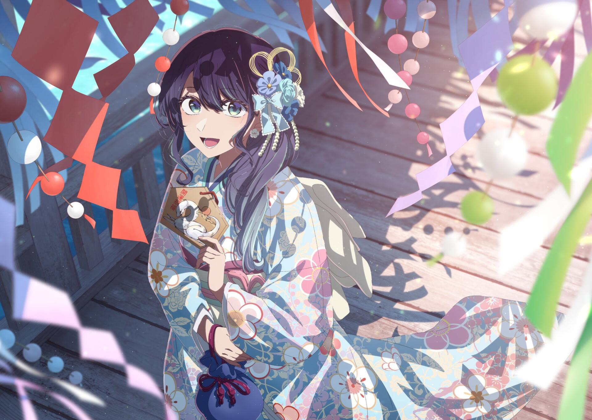 HD anime desktop wallpaper featuring Akane Kurokawa from Oshi no Ko, dressed in a colorful kimono with festive decorations and vibrant lighting.