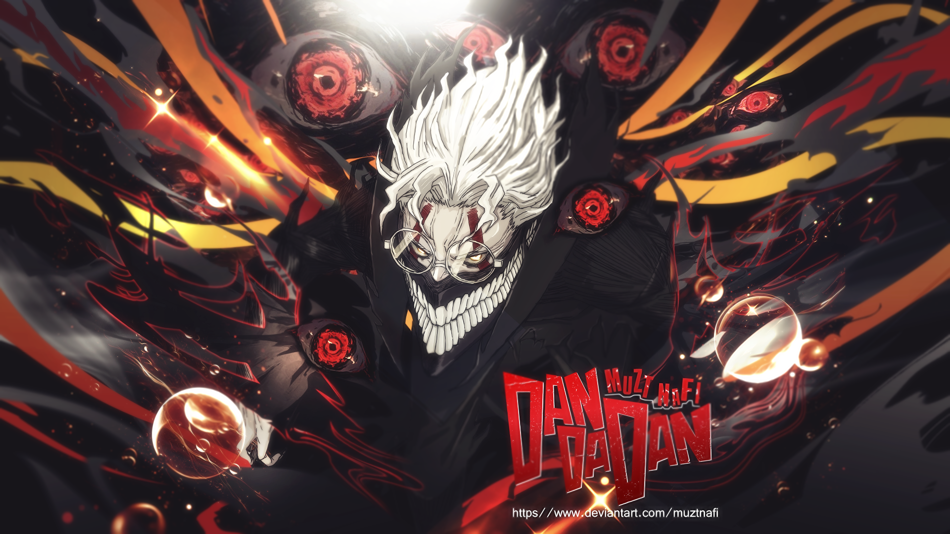 4K Ultra HD wallpaper featuring a striking character with white hair and intense red eyes from Dandadan, inspired by Ken Takakura’s iconic style.