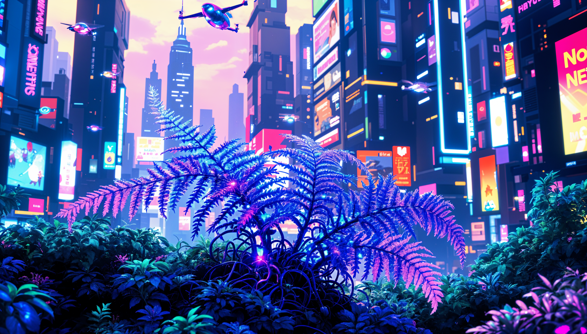 A vibrant fern foreground contrasts against a futuristic cityscape with neon lights and skyscrapers, presented as a stunning 4K Ultra HD desktop wallpaper and background.