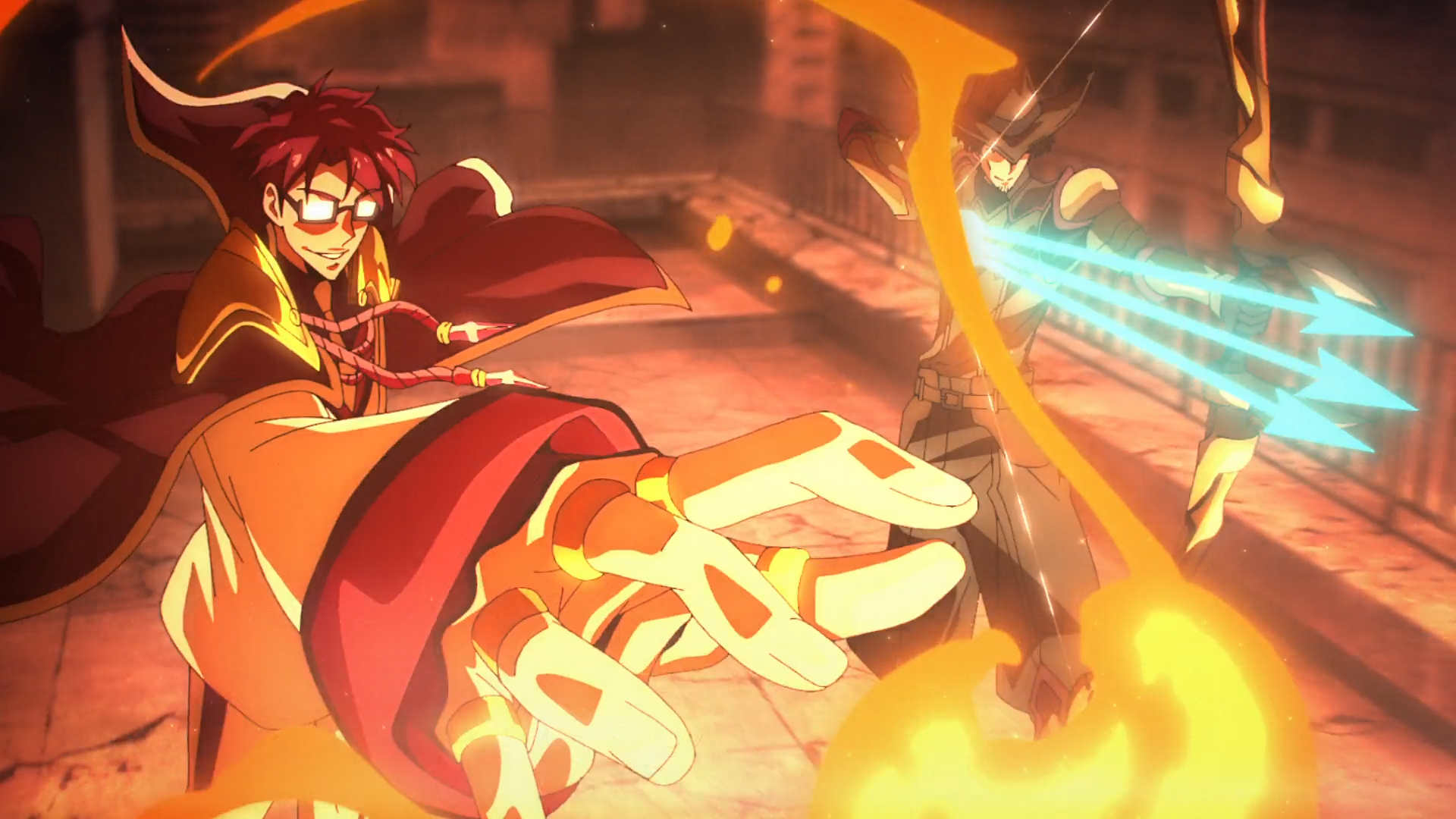 Solo Leveling HD desktop wallpaper: Choi Jong-In hurls blazing fire as Lim Tae-Gyu counters with blue shard magic amid a fiery urban duel.