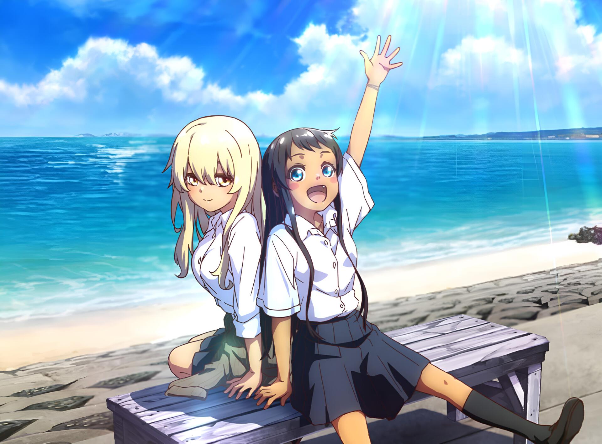 Anime HD wallpaper from OKITSURA: Fell in Love with an Okinawan Girl but I Just Wish I Know What She's Saying, featuring characters Hina Kyan and Kana Higa by the seaside.