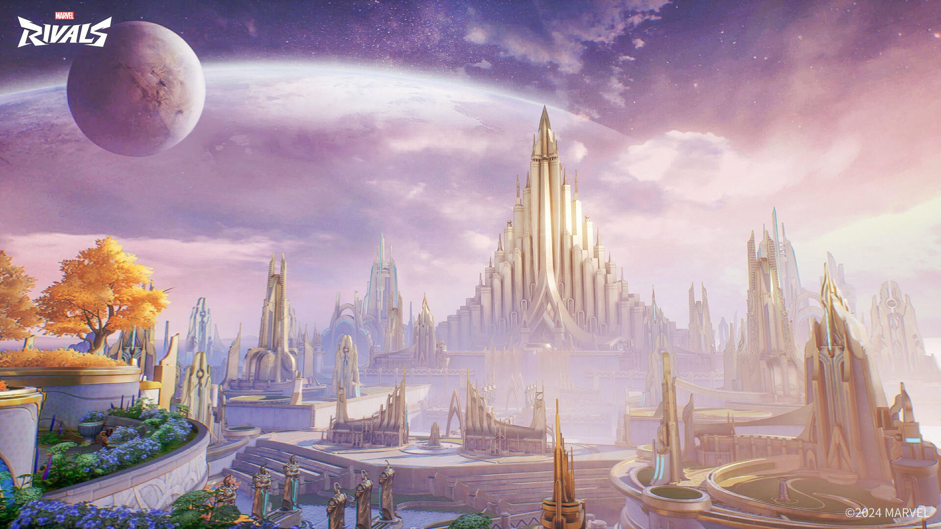 A 4K Ultra HD Marvel Rivals PC desktop wallpaper depicting a majestic, futuristic cityscape with towering golden structures under a vibrant, cloudy sky and a visible planet.