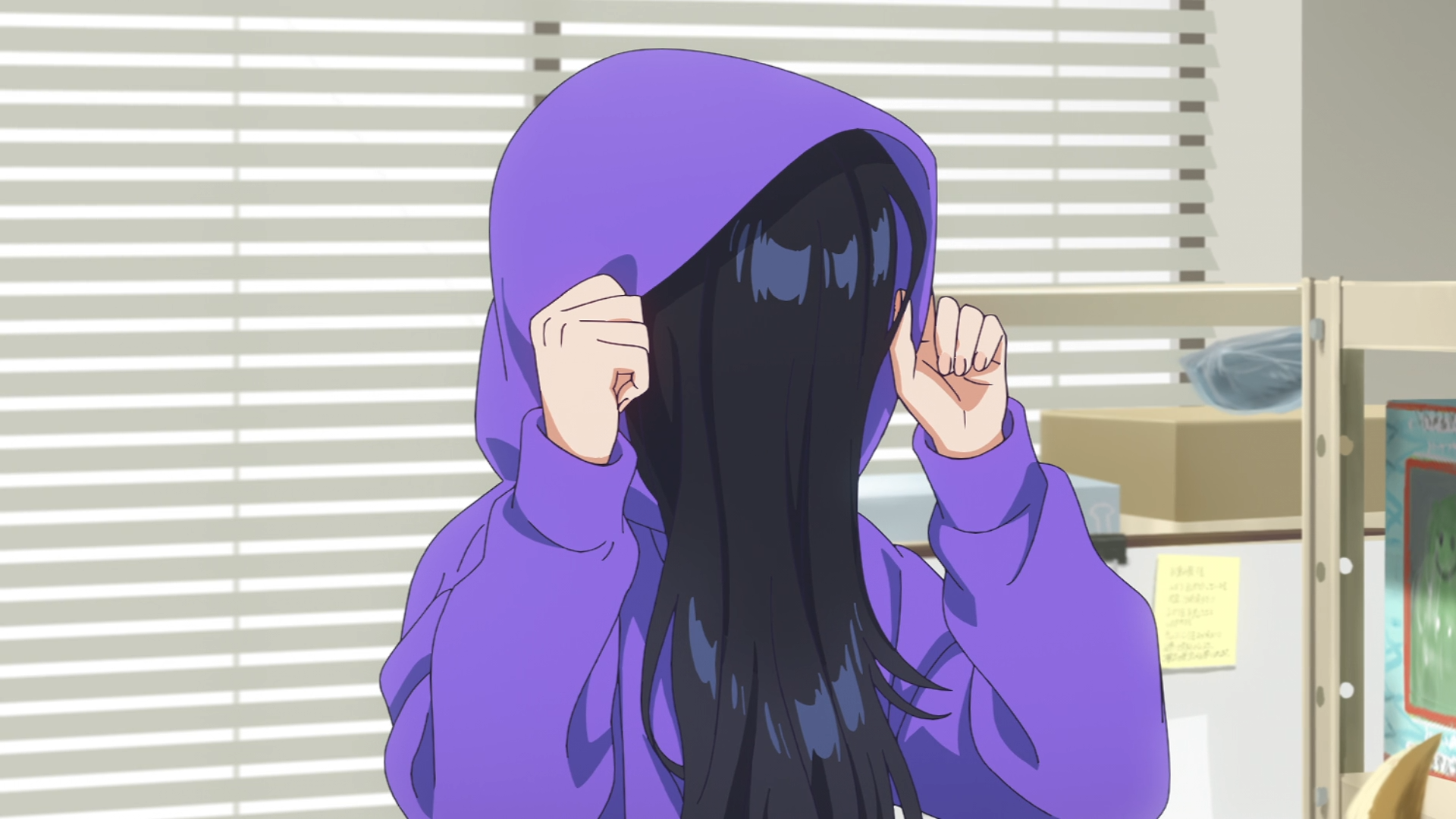 Anime-style HD PC desktop wallpaper by Zenshu, featuring a character with long black hair pulling up a purple hoodie, credited to Natsuko Hirose.