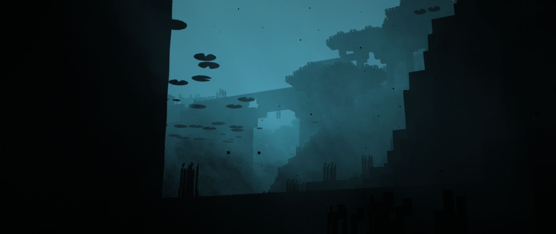 Underwater scene in Minecraft rendered with shaders, showcasing deep blue water and aquatic plants, designed as an HD PC desktop wallpaper and background.