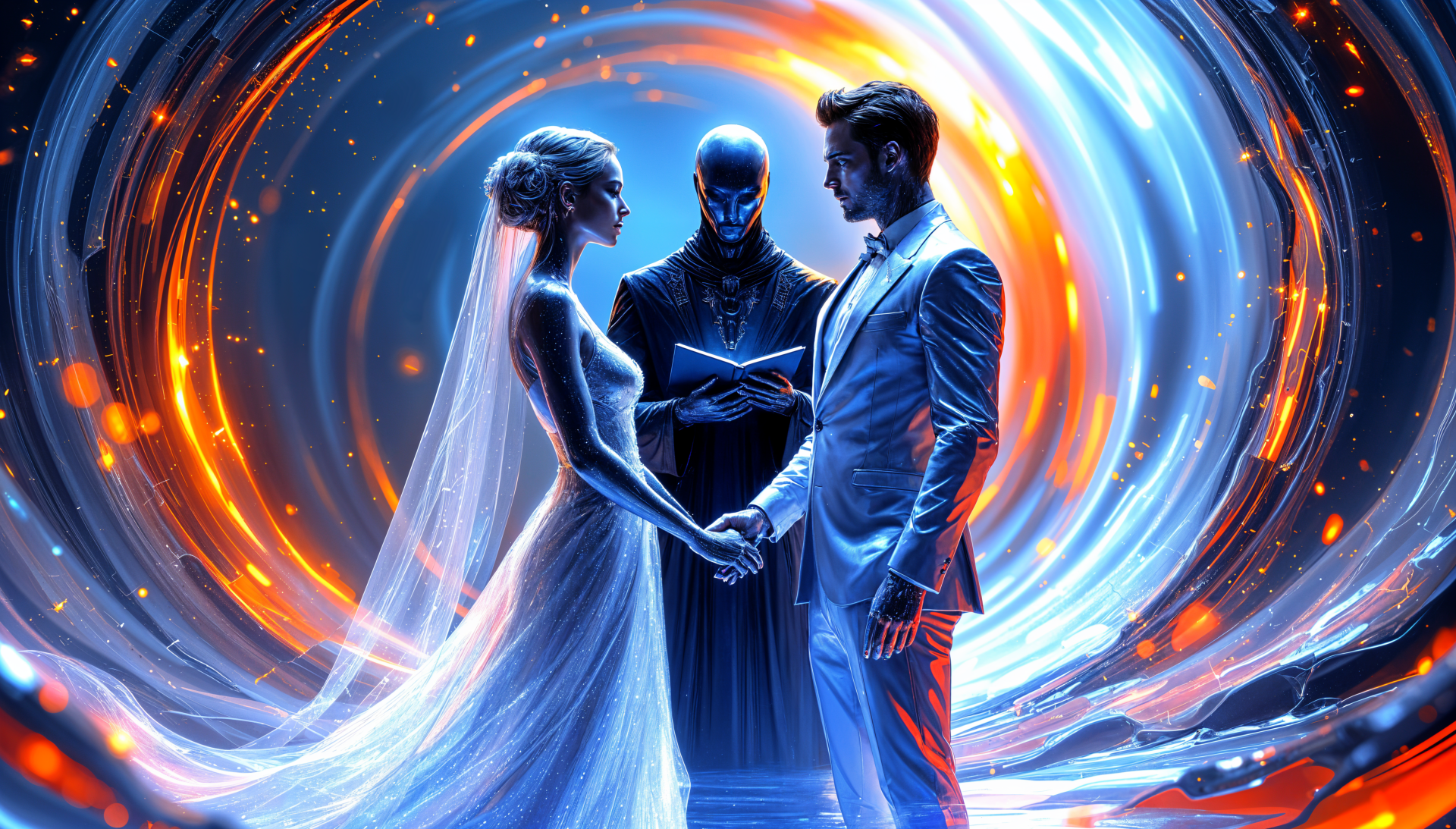 A stunning 4K Ultra HD wallpaper capturing a wedding scene, featuring a bride and groom holding hands, with a mysterious officiant surrounded by vibrant swirling colors.