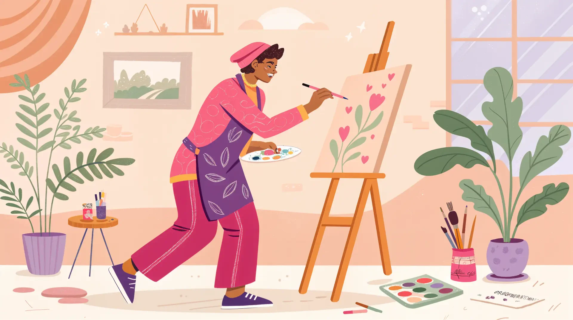 A vibrant 4K Ultra HD desktop wallpaper depicting an artist in a pink outfit painting flowers on an easel, set in a colorful studio filled with plants and art supplies.