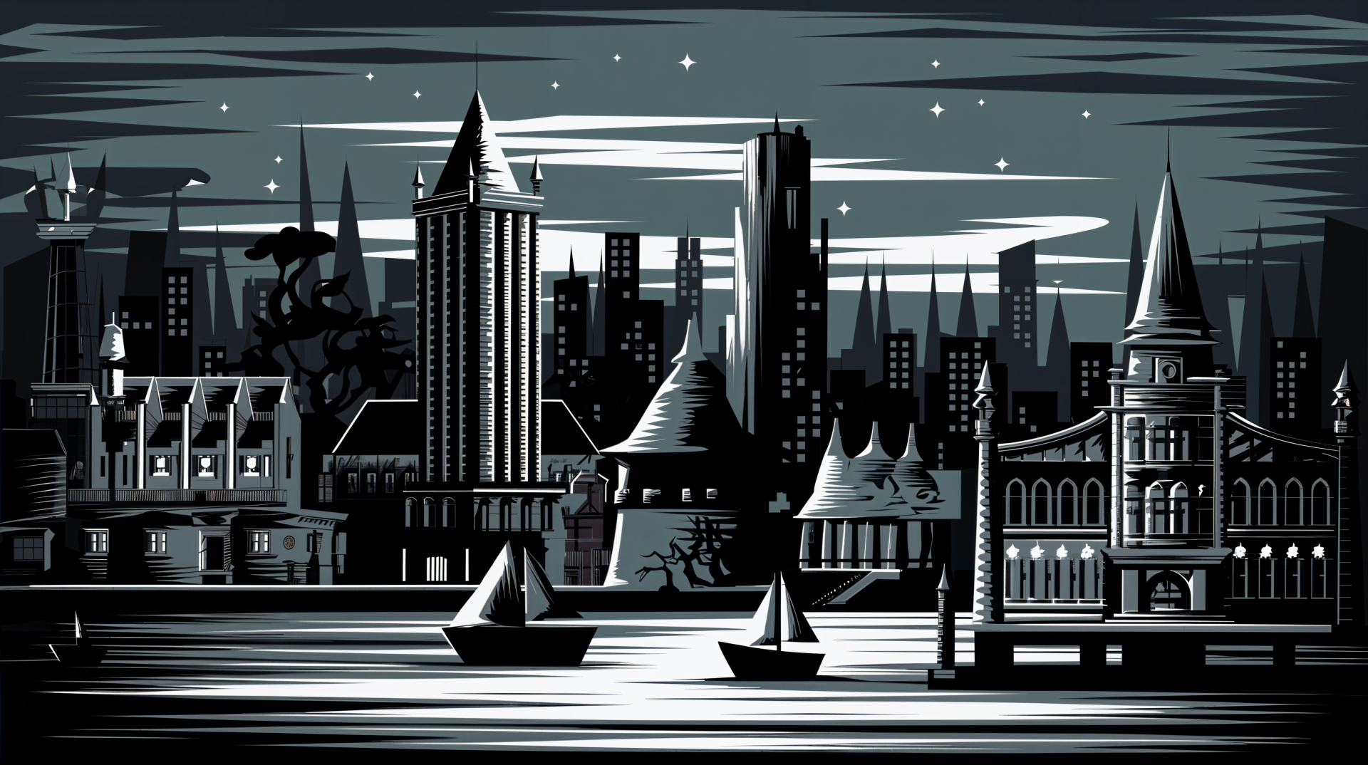 A striking 4K Ultra HD depiction of Gotham City, featuring iconic architecture silhouetted against a starry night sky, with boats floating on the water in the foreground.