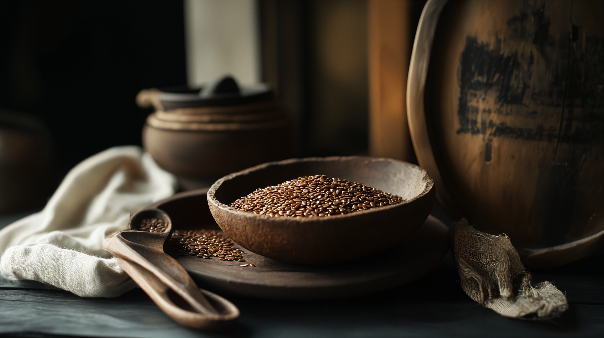 A close-up of flax seeds in a wooden bowl, set against a dimly lit background with rustic pottery and linen, offering a natural, earthy aesthetic for a 4K Ultra HD desktop wallpaper.
