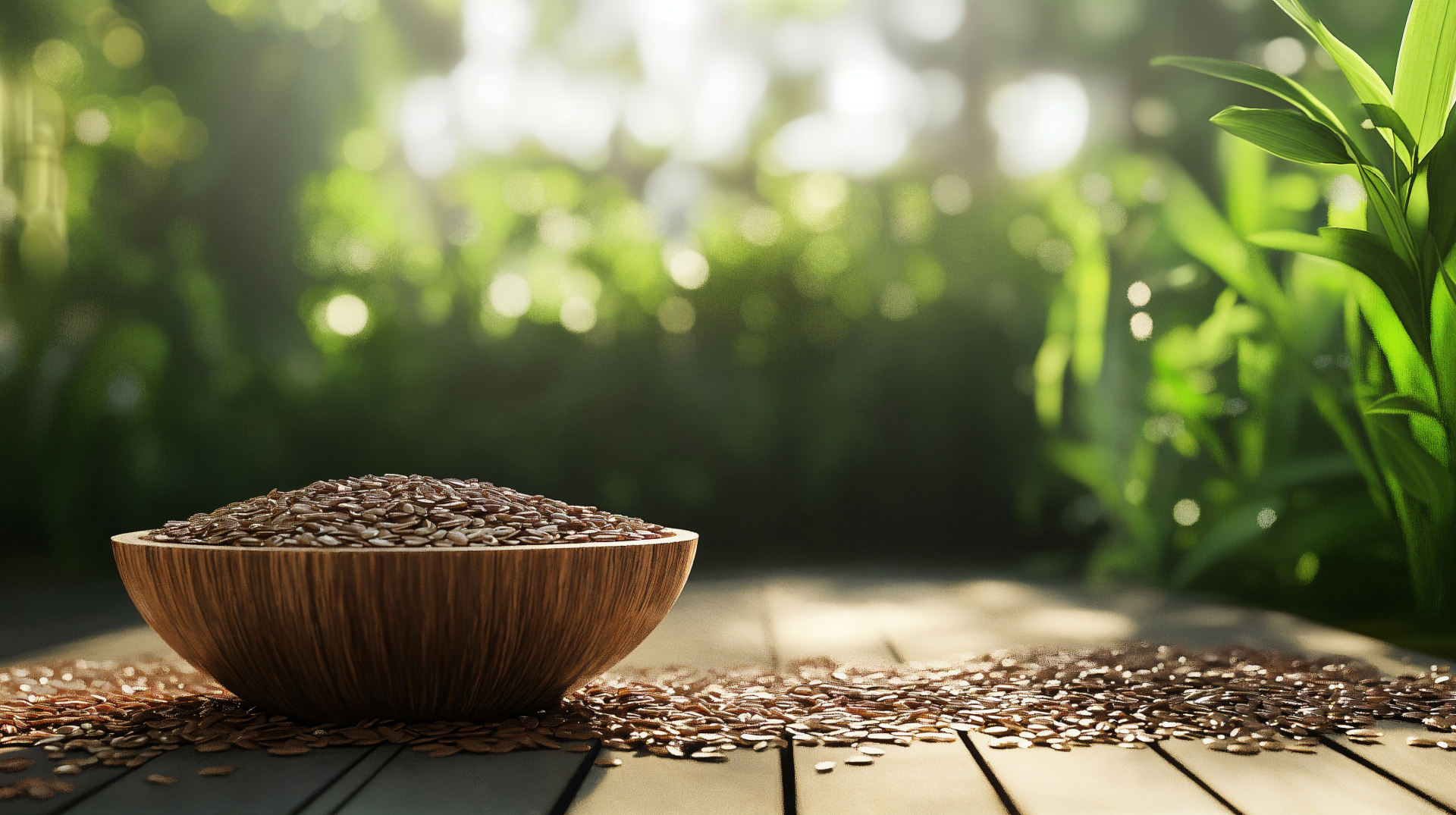 A wooden bowl filled with flax seeds sits on a wooden surface, surrounded by lush green plants, creating a serene natural backdrop. A 4K Ultra HD desktop wallpaper.
