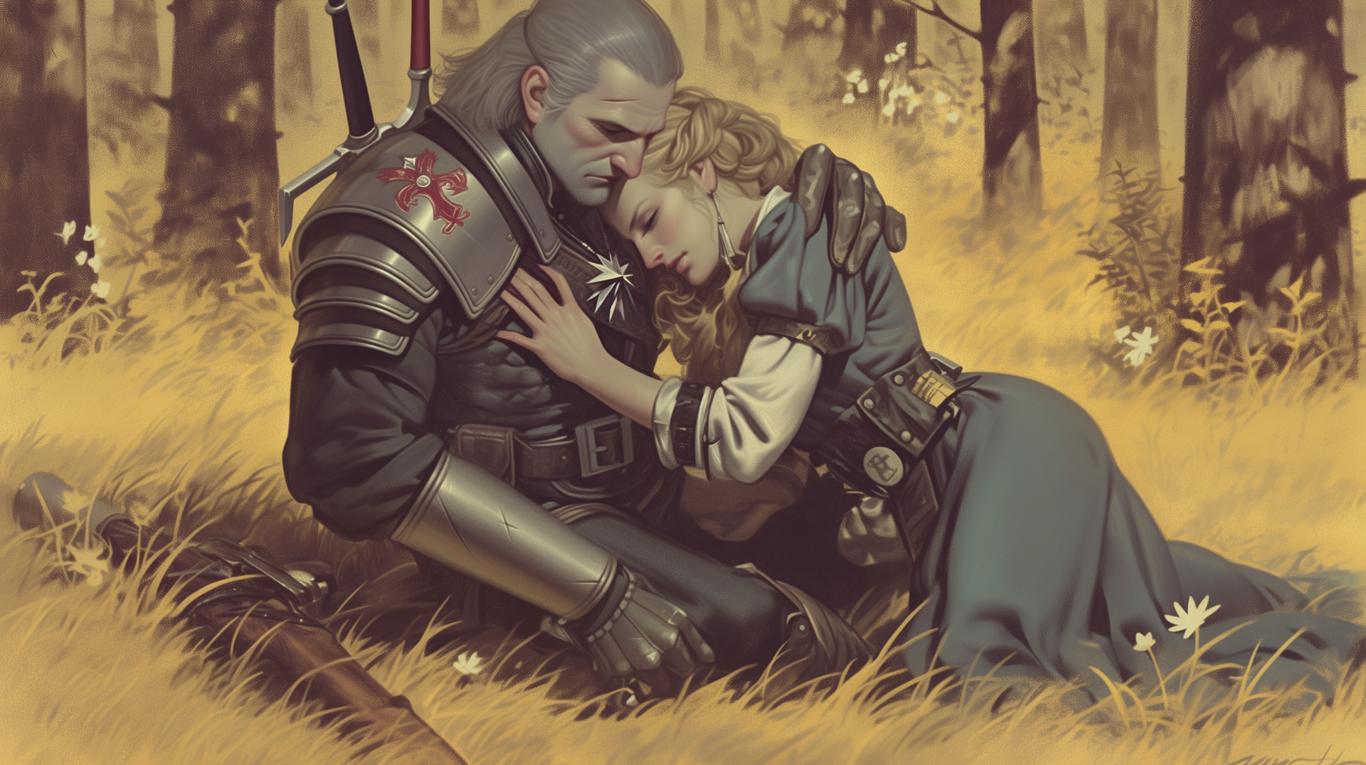 Geralt of Rivia embraces a woman in a lush, golden forest, capturing a poignant moment from The Witcher IV. A stunning HD desktop wallpaper for fans of the video game.