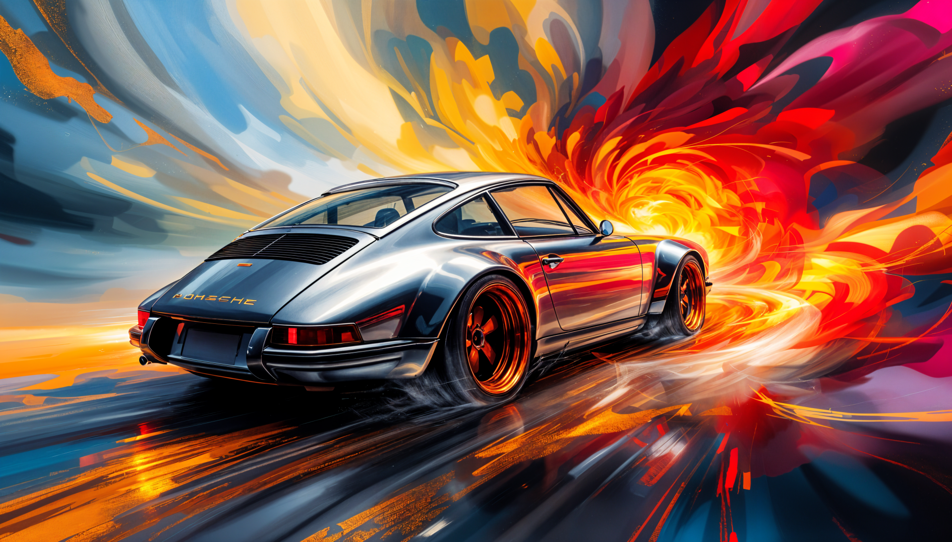 A stunning Porsche 911 drives through a vibrant swirl of colors, set against a dramatic backdrop, making a striking 4K Ultra HD desktop wallpaper and background.