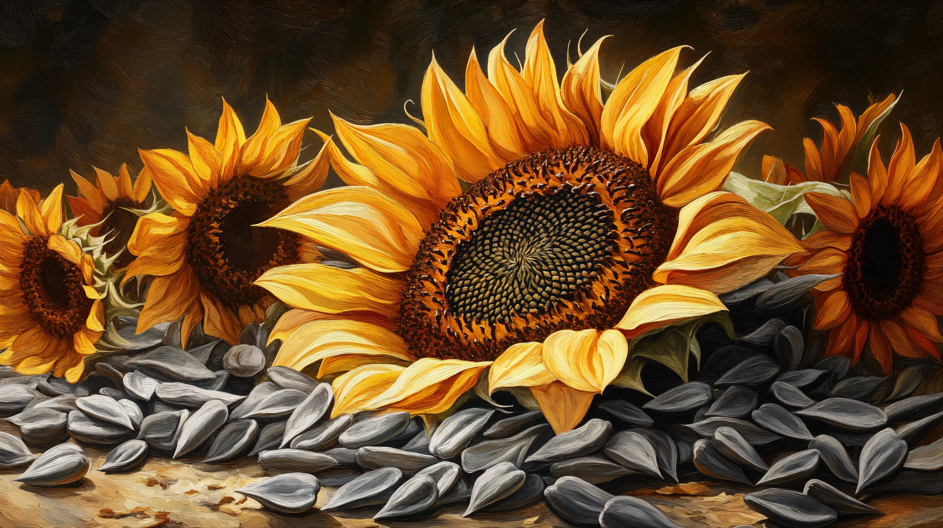 A vibrant sunflower image showcasing blooming sunflowers alongside scattered sunflower seeds, presented as a stunning 4K Ultra HD desktop wallpaper.