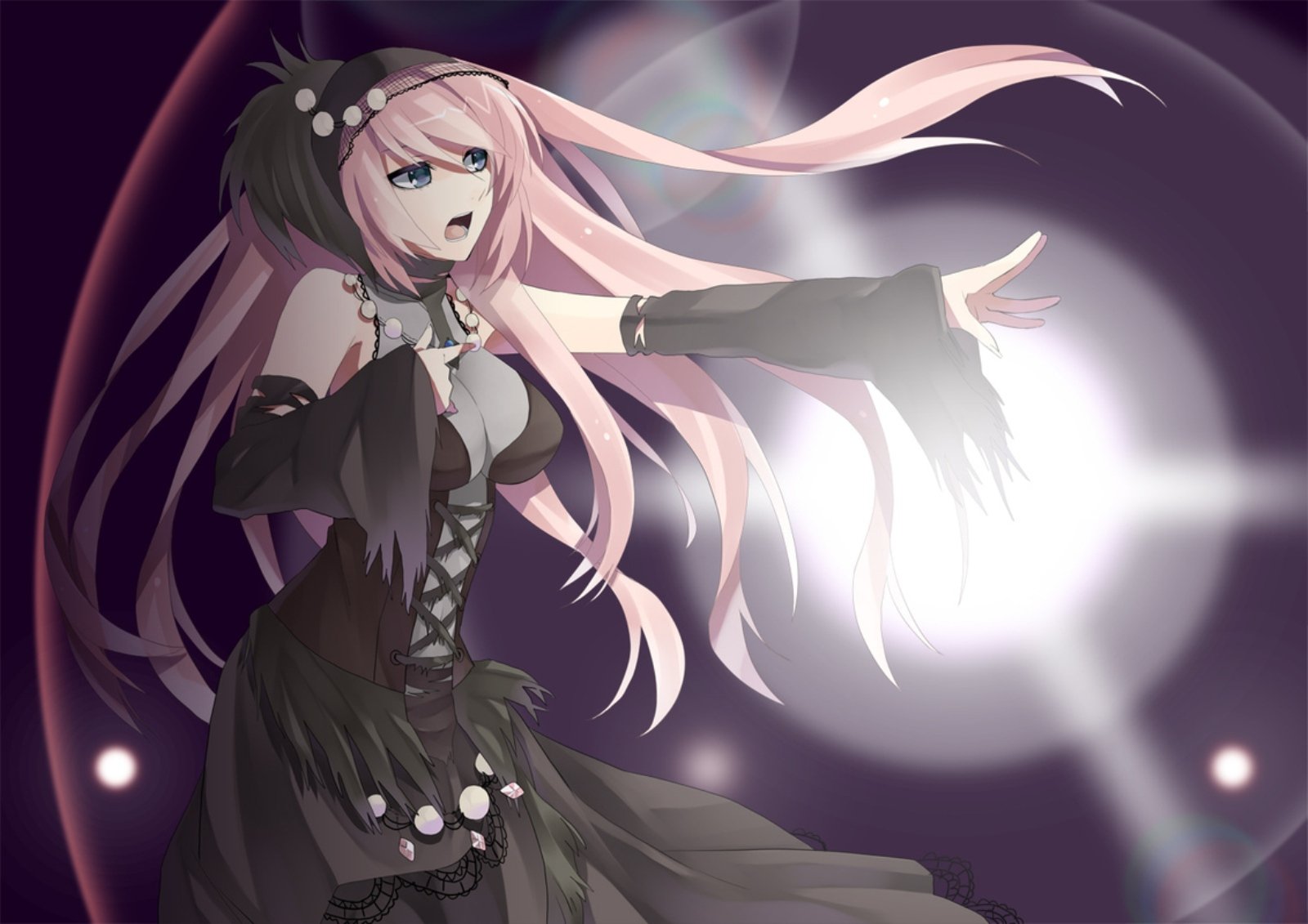 Anime-style HD desktop wallpaper featuring Luka Megurine from Vocaloid, with flowing pink hair and a dynamic pose against a dark, glowing background.