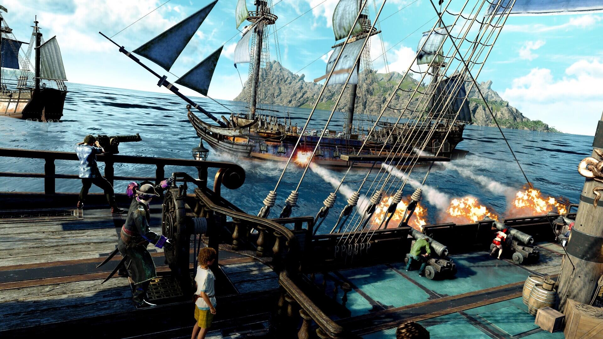A vibrant HD wallpaper from the video game Like a Dragon: Pirate Yakuza, featuring a dynamic naval scene in Hawaii with ships and action elements on the water.
