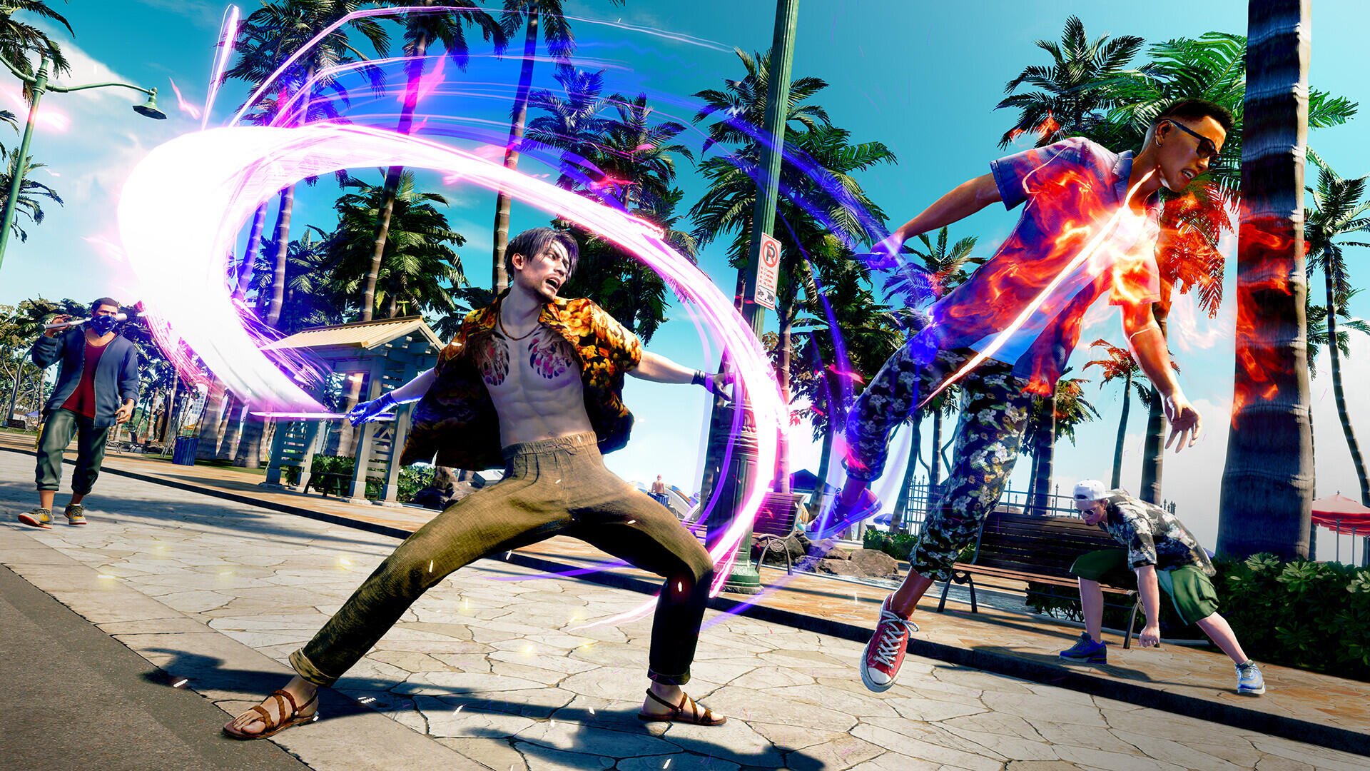 Dynamic action scene from Like a Dragon: Pirate Yakuza, featuring vibrant characters engaged in a powerful combat move against a tropical Hawaii backdrop. HD PC desktop wallpaper.