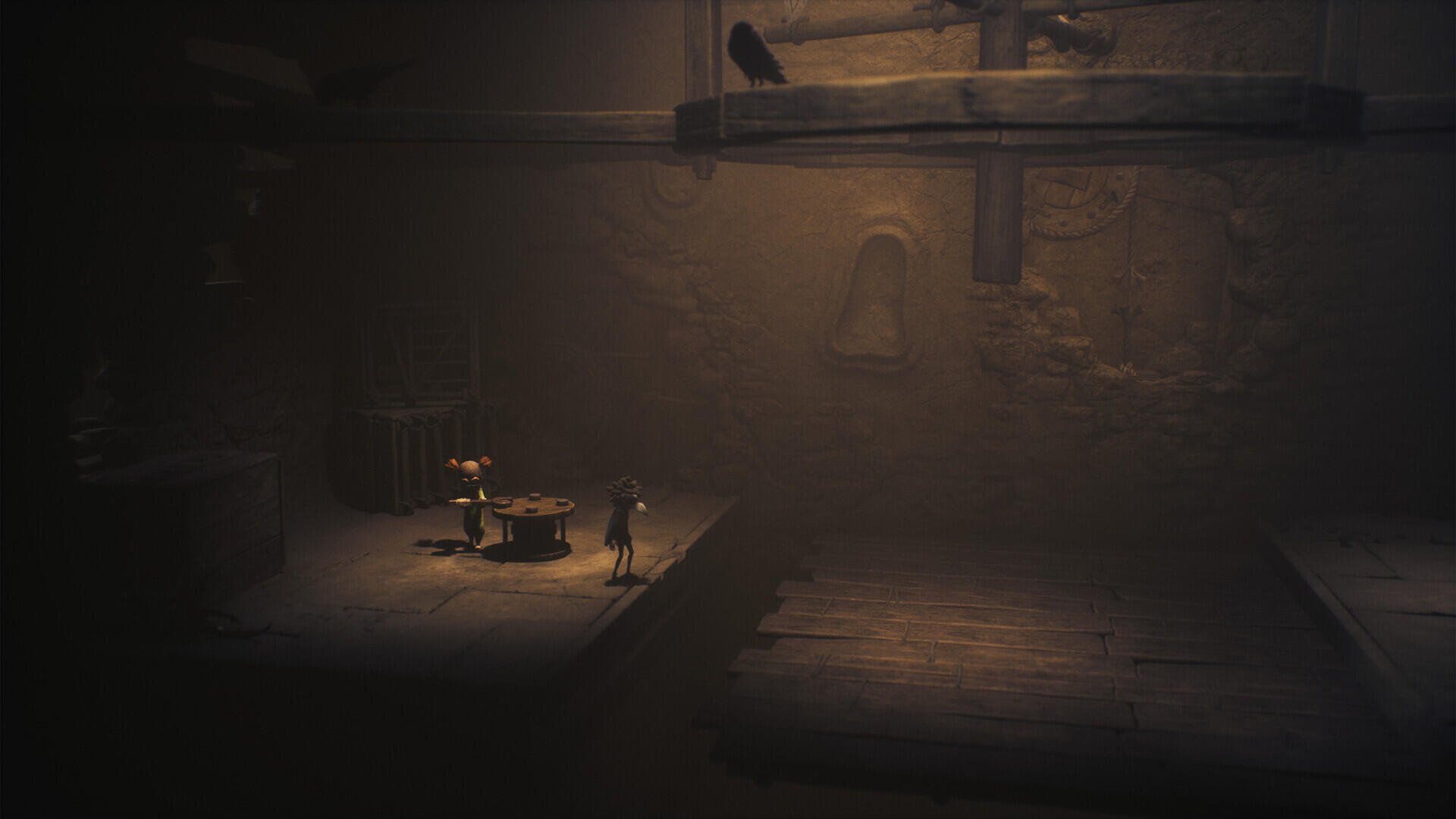 A dark, atmospheric scene from Little Nightmares III featuring two characters exploring a shadowy environment, emphasizing the game's eerie and immersive aesthetic. HD PC desktop wallpaper.