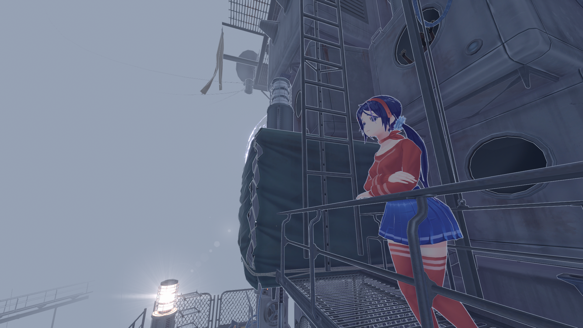 HD PC desktop wallpaper from MiSide featuring a character in a red top and blue skirt standing on a metal platform near industrial machinery under a cloudy sky.