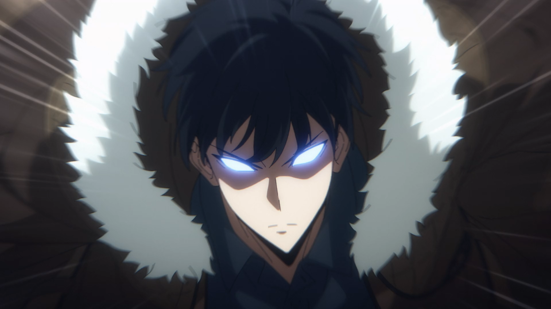 Anime HD desktop wallpaper of Sung Jin-Woo from Solo Leveling, featuring his glowing eyes and dark fur-lined hooded jacket in an intense, dramatic scene.