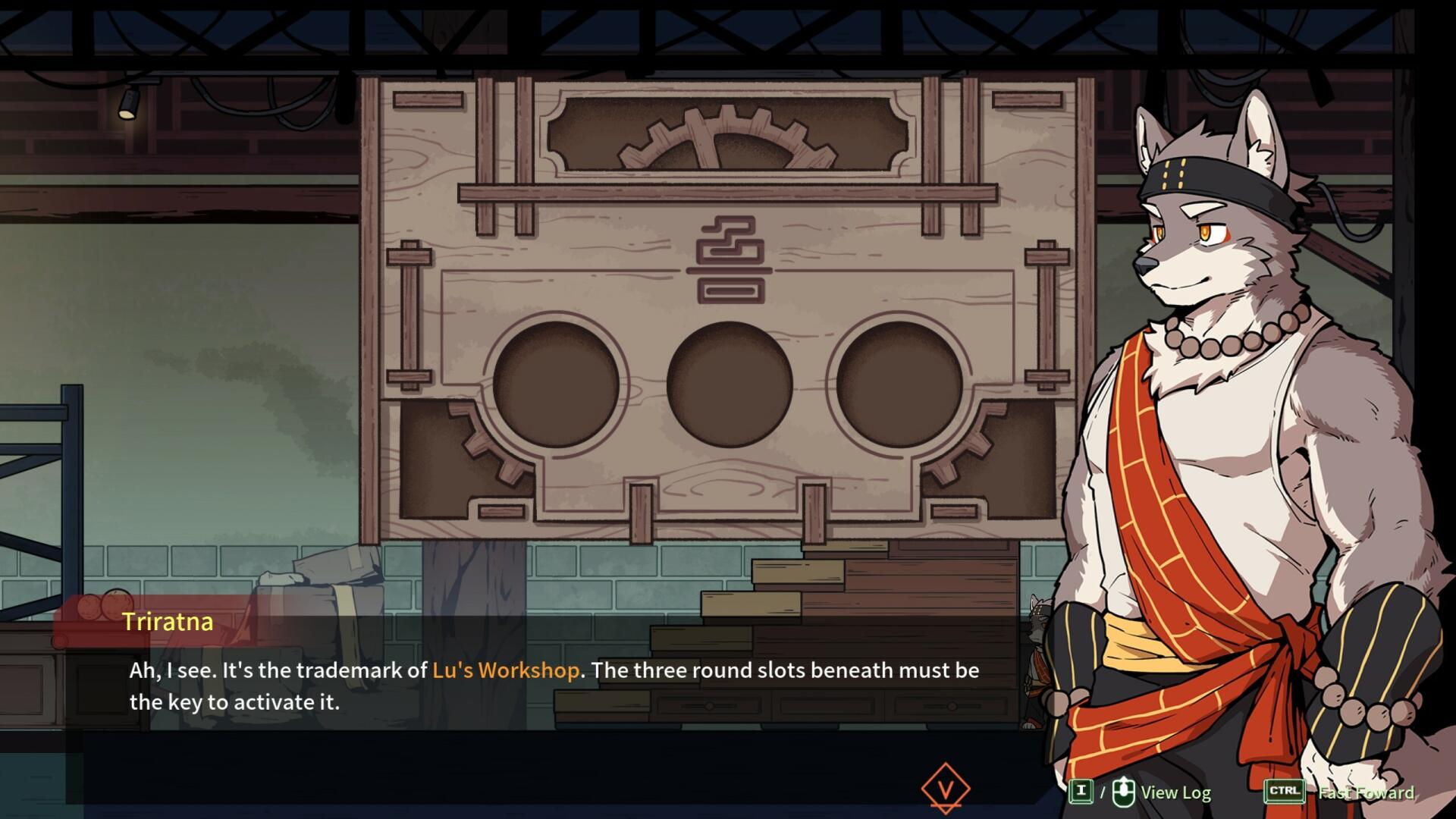 An HD PC desktop wallpaper from the video game Threefold Recital, featuring a character named Triatna discussing a puzzle related to La's Workshop.