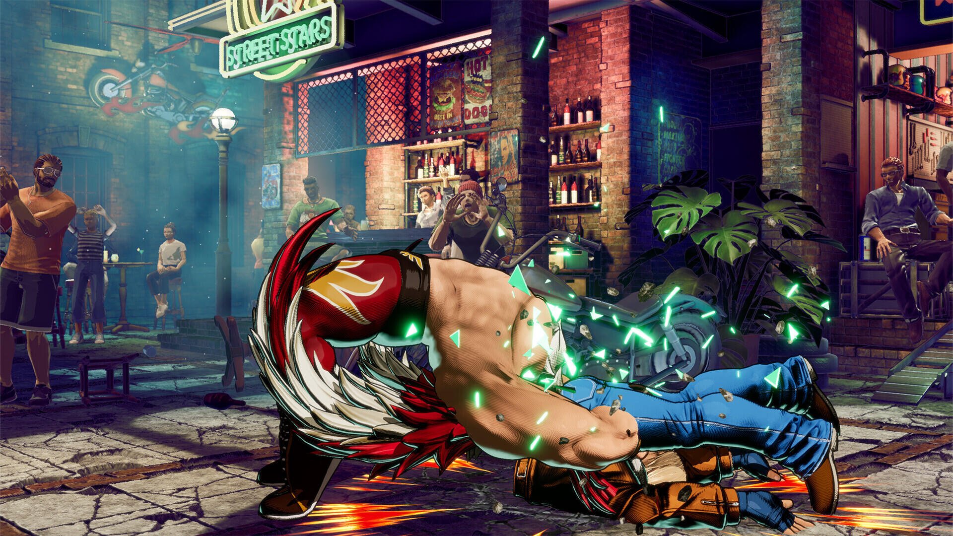 Fierce action scene from Fatal Fury: City of the Wolves, showcasing a character delivering a powerful move in a vibrant, urban fighting backdrop. HD wallpaper for fans.