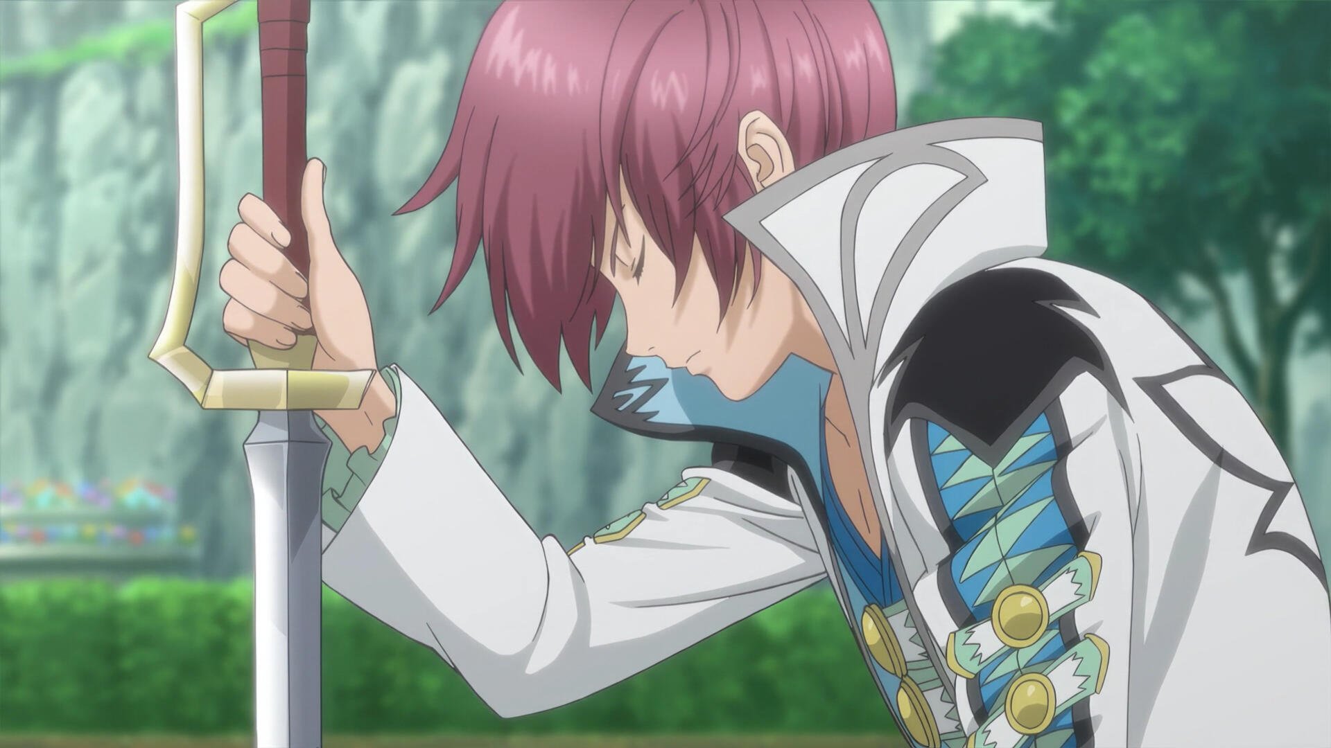 A character from *Tales of Graces f Remastered* stands contemplatively, sword in hand, set against a lush, vibrant background. A striking 4K Ultra HD wallpaper for fans of the game.