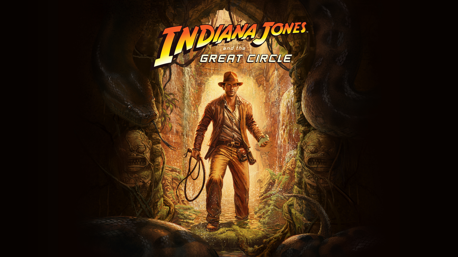 HD wallpaper featuring Indiana Jones in Indiana Jones and the Great Circle, standing confidently in a lush, mysterious jungle setting with a whip in hand.
