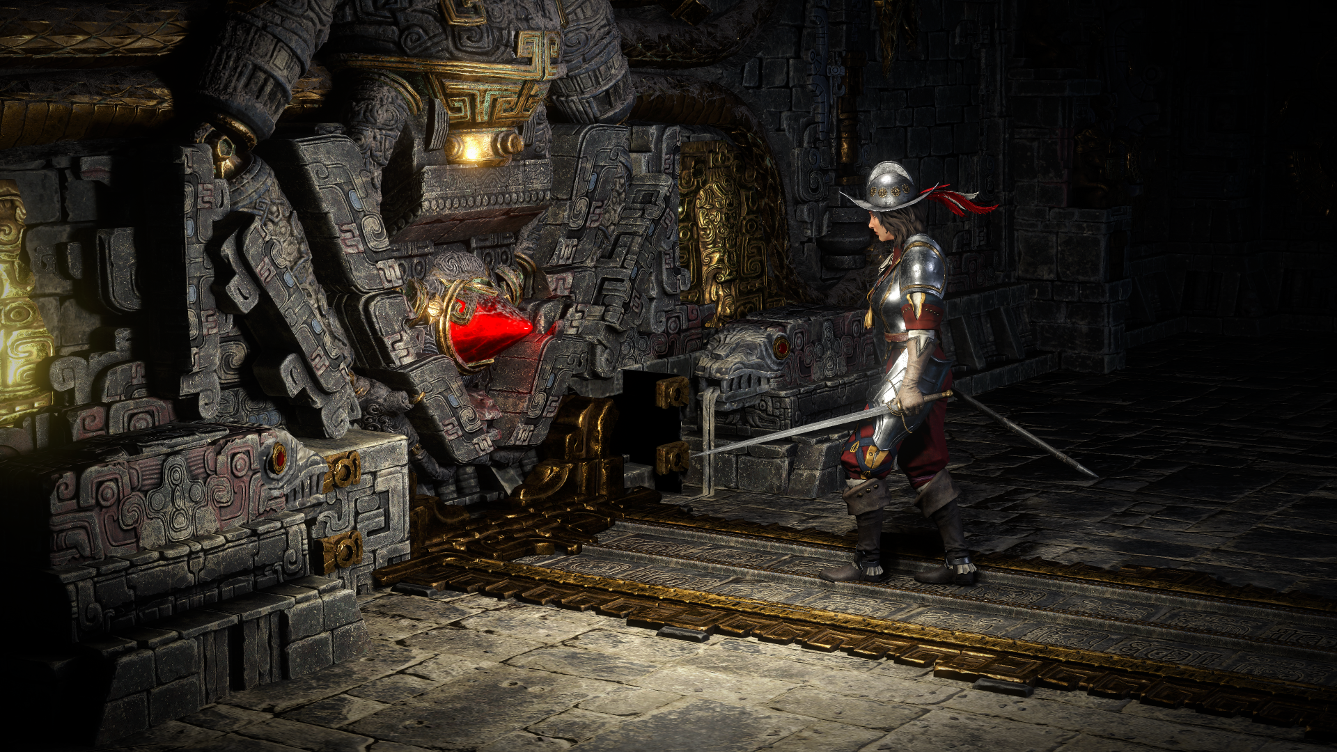 A character explores a dark, ancient temple adorned with intricate stonework and glowing elements in this 4K Ultra HD wallpaper for Path of Exile 2.