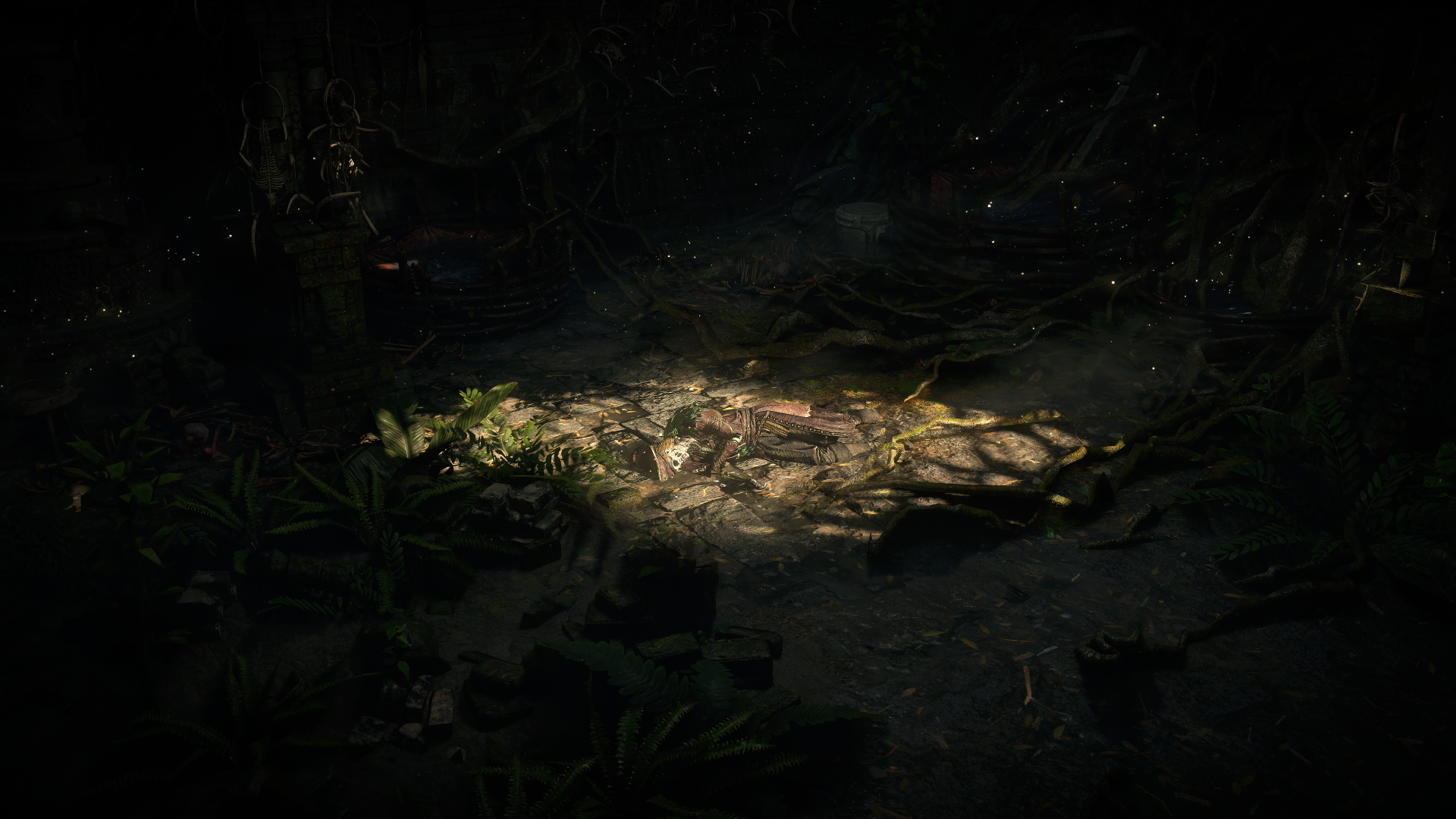 A detailed 4K Ultra HD wallpaper featuring a shadowy forest floor from Path of Exile 2, illuminated by a soft light revealing leaves and debris.