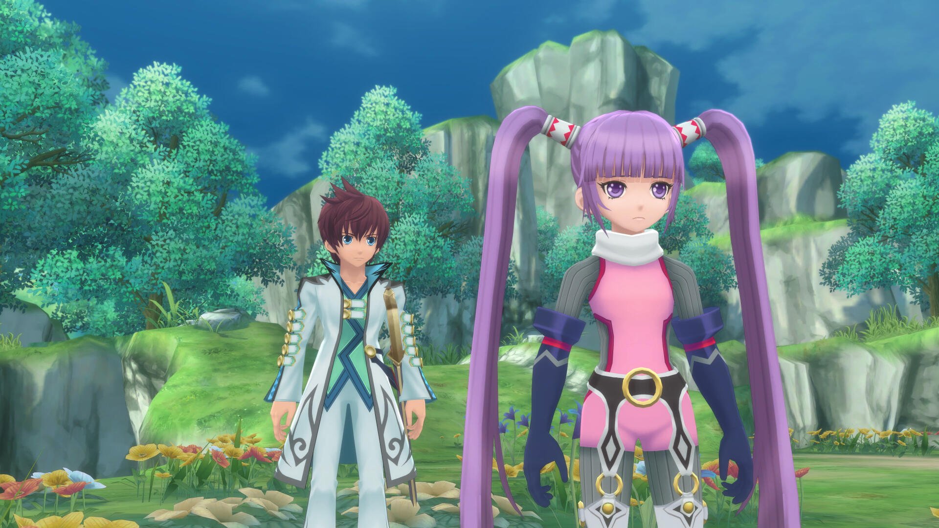 A vibrant 4K Ultra HD wallpaper from *Tales of Graces f Remastered*, featuring two characters standing in a lush landscape with trees and flowers under a bright sky.