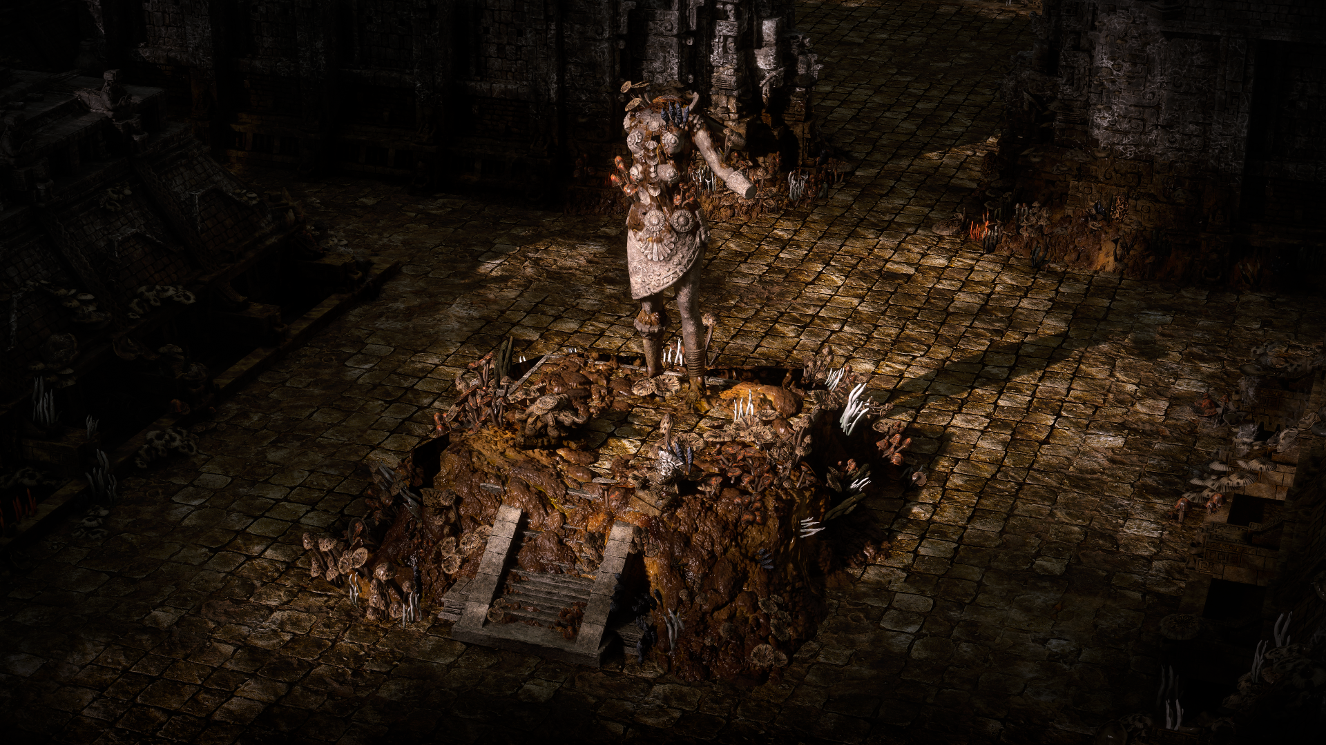 A detailed 4K Ultra HD desktop wallpaper from Path of Exile 2, featuring a moss-covered statue in a dark, atmospheric setting with scattered leaves and ruins.