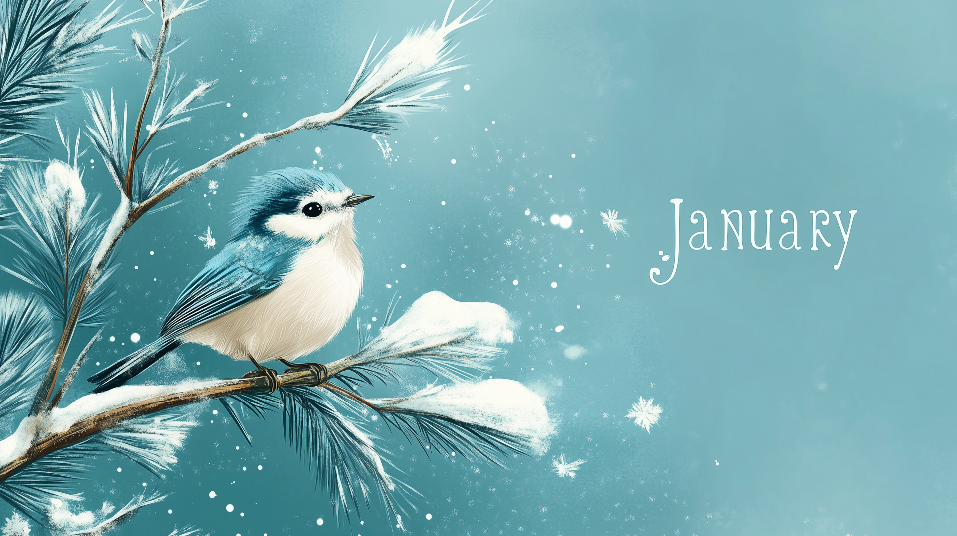 A charming bird perched on a snow-dusted branch, surrounded by a serene blue background, with the word January elegantly displayed. Ideal as an HD desktop wallpaper.