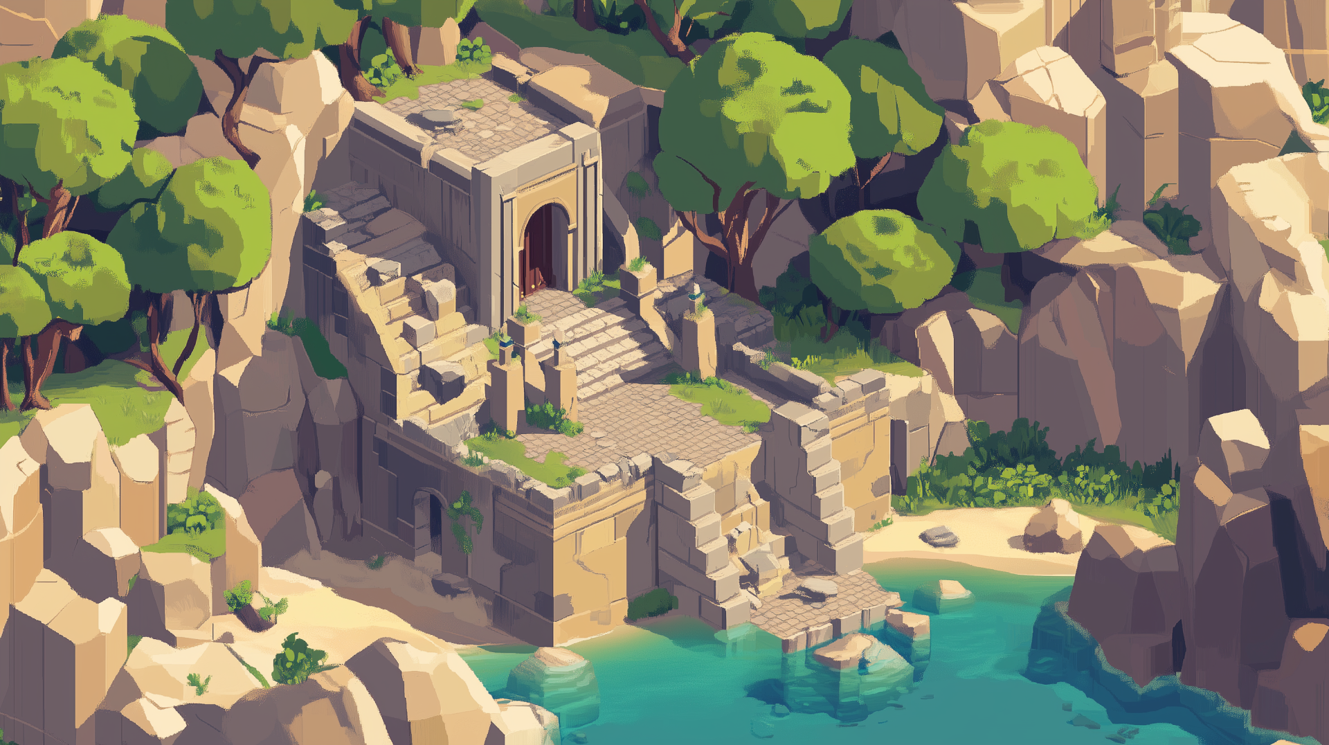 An isometric view of a serene temple ruins surrounded by lush greenery and a tranquil body of water, serving as an HD PC desktop wallpaper and background.