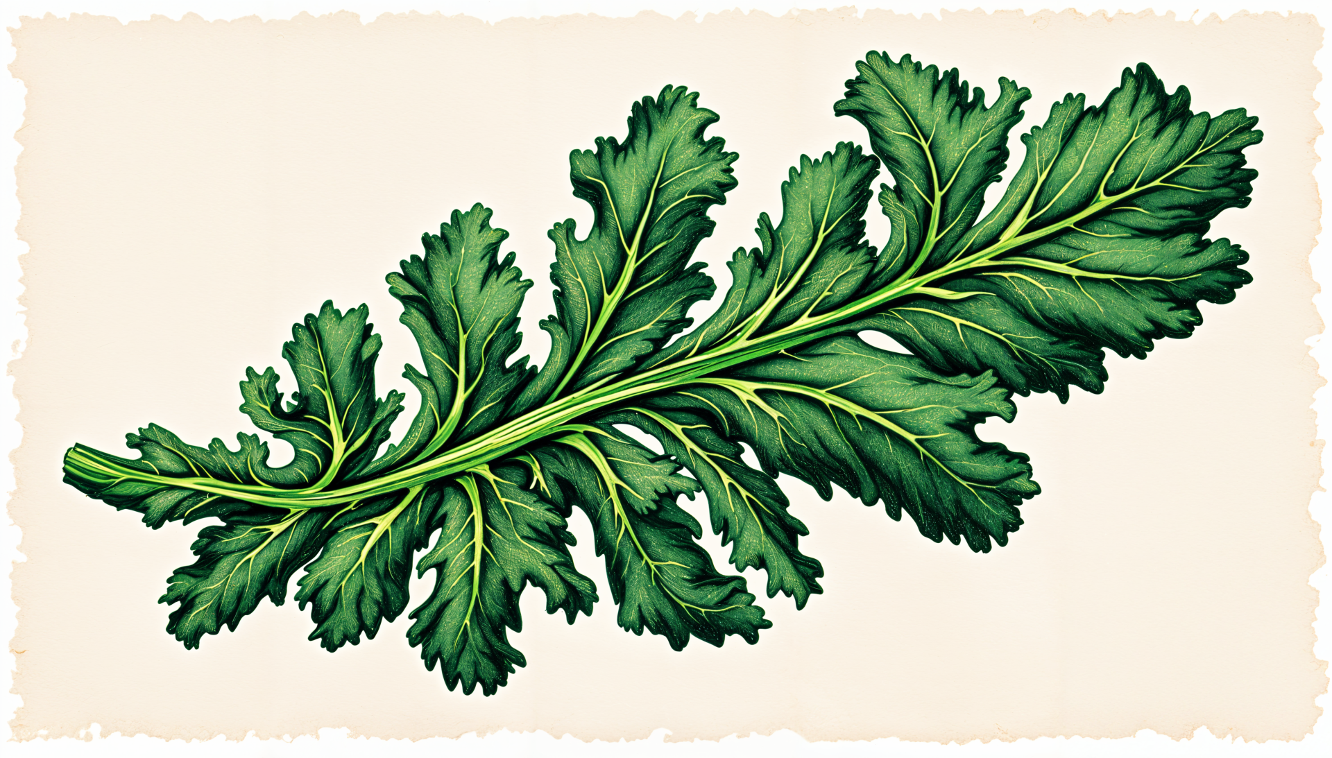 A detailed illustration of a vibrant kale leaf, showcased on a soft background, designed as a 4K Ultra HD PC desktop wallpaper and background.