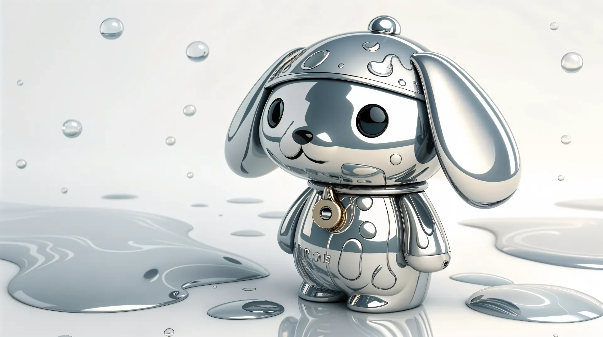 A shiny, metallic Pompompurin figure stands beside puddles, showcased in this vibrant 4K Ultra HD PC desktop wallpaper and background.