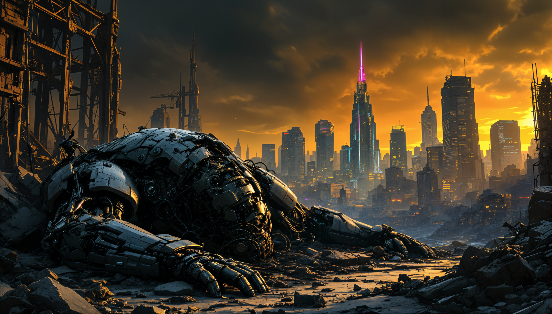 A stunning 4K Ultra HD wallpaper depicting a giant, damaged robot amidst urban ruins, with a dramatic sunset illuminating a futuristic city skyline in the background.