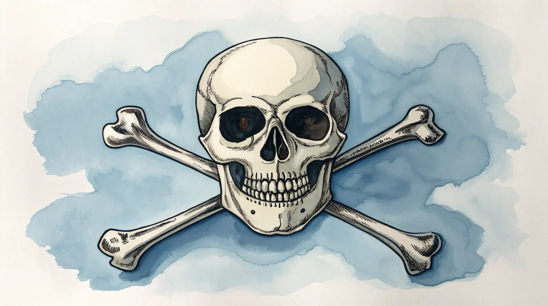 A detailed illustration of a skull and crossbones set against a soft blue background, designed as a 4K Ultra HD PC desktop wallpaper and background.