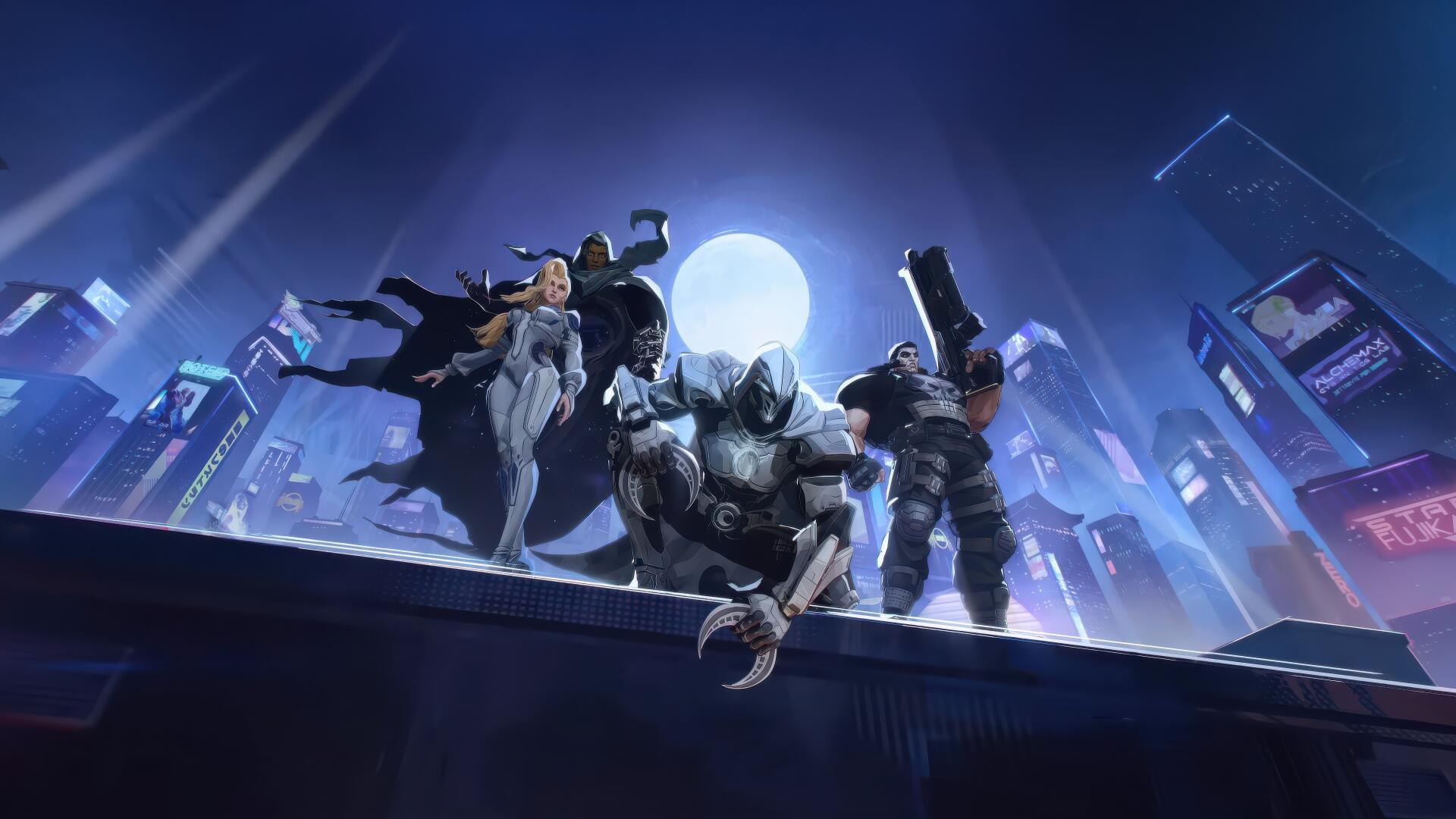 4K Ultra HD Marvel Rivals PC desktop wallpaper featuring dynamic superheroes poised on a rooftop against a glowing full moon and futuristic cityscape background.